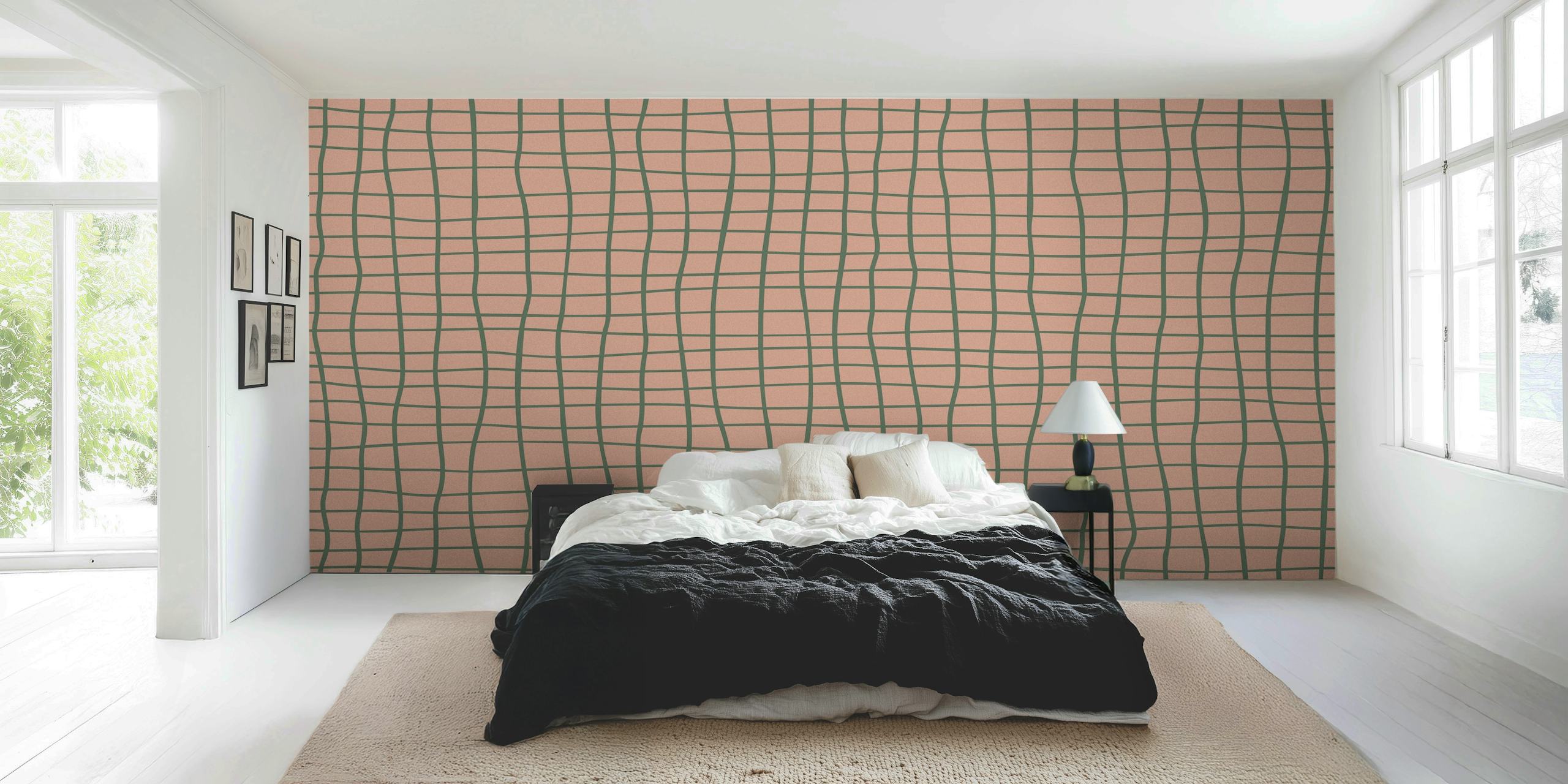 Green grid pattern on a soft pink background wallpaper