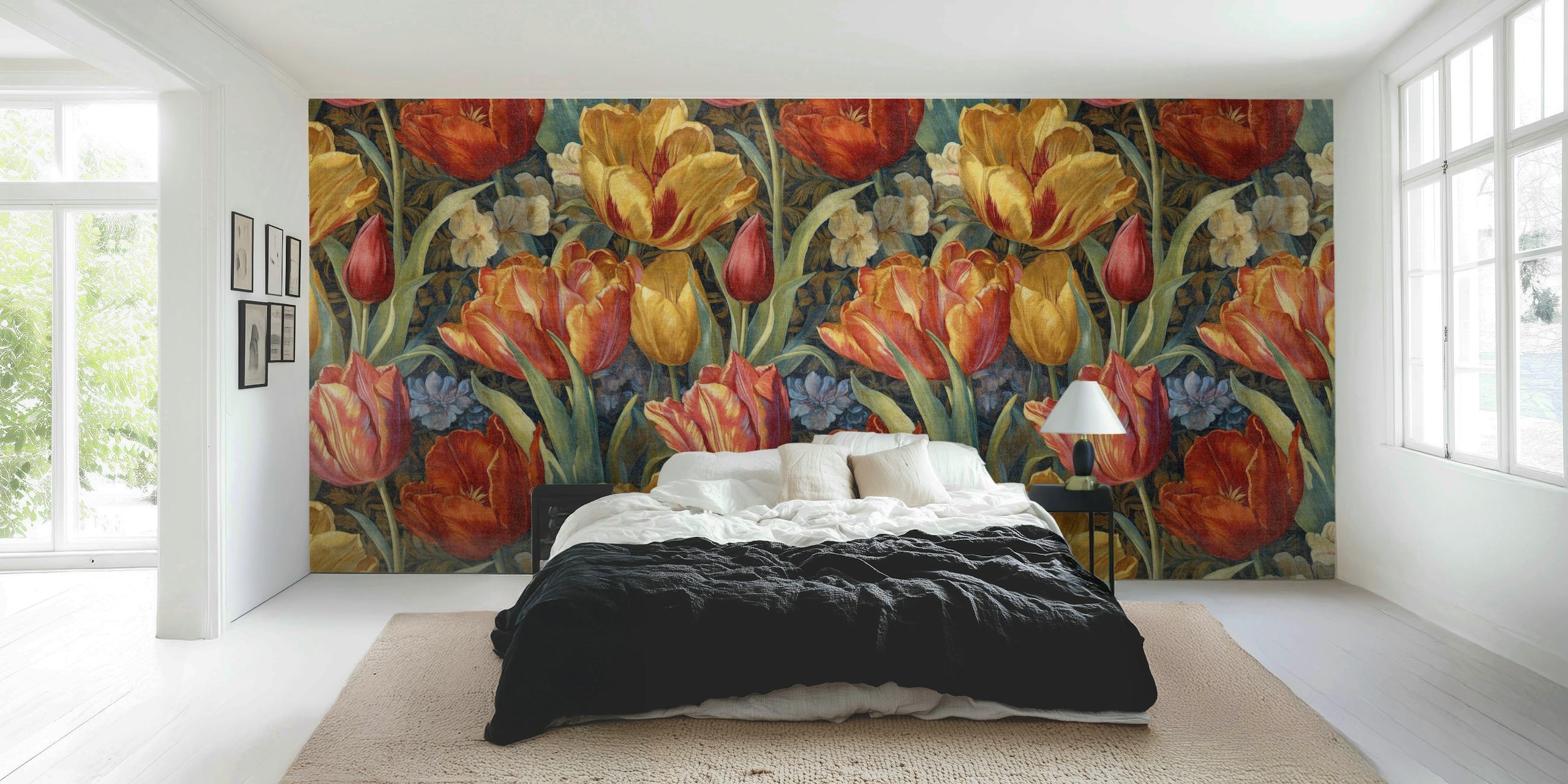 Vintage tulips mural displayed in a room