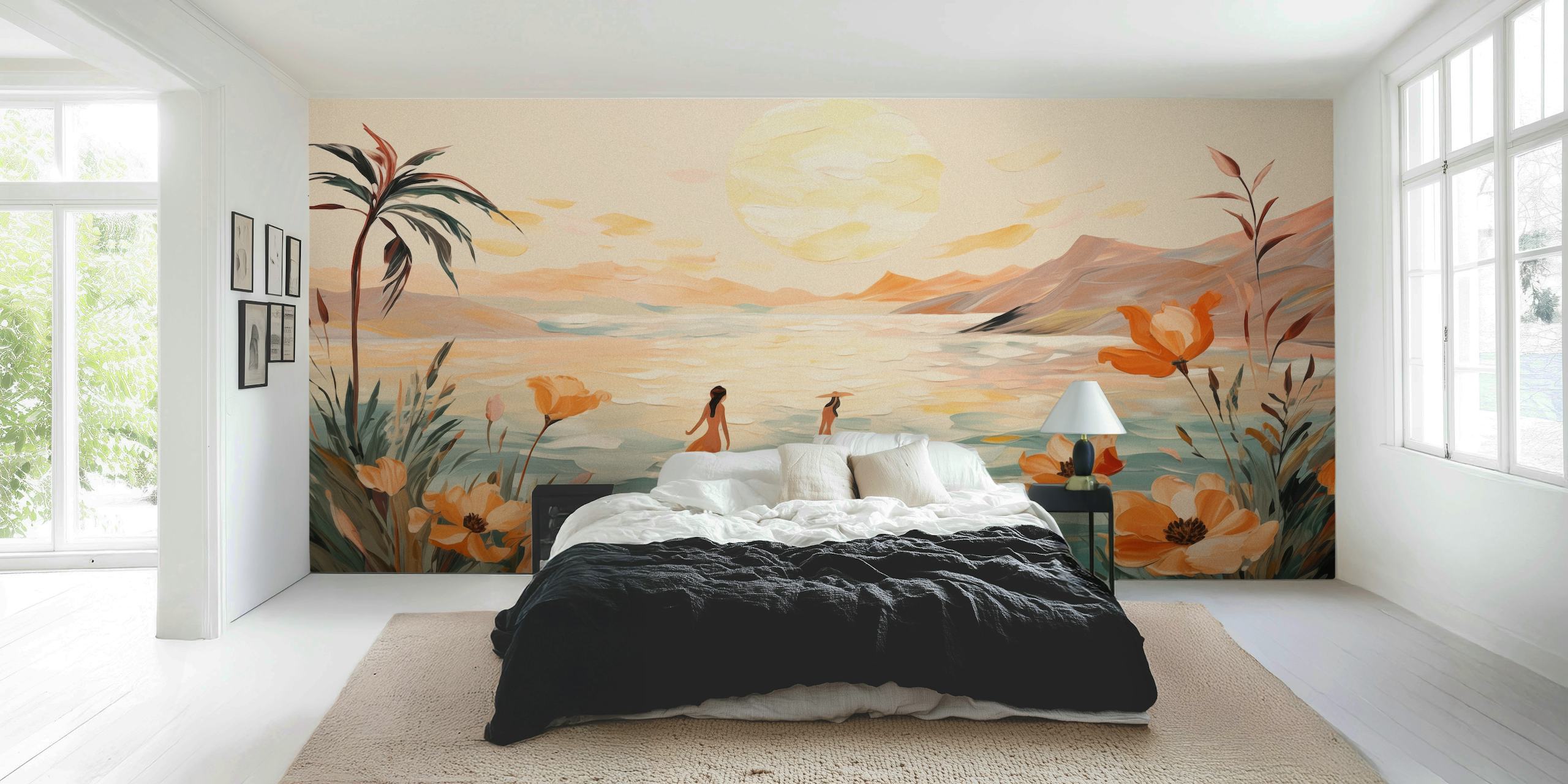 Beach girls in water with palm trees and orange flowers, pastel colors, impressionist style wallpaper