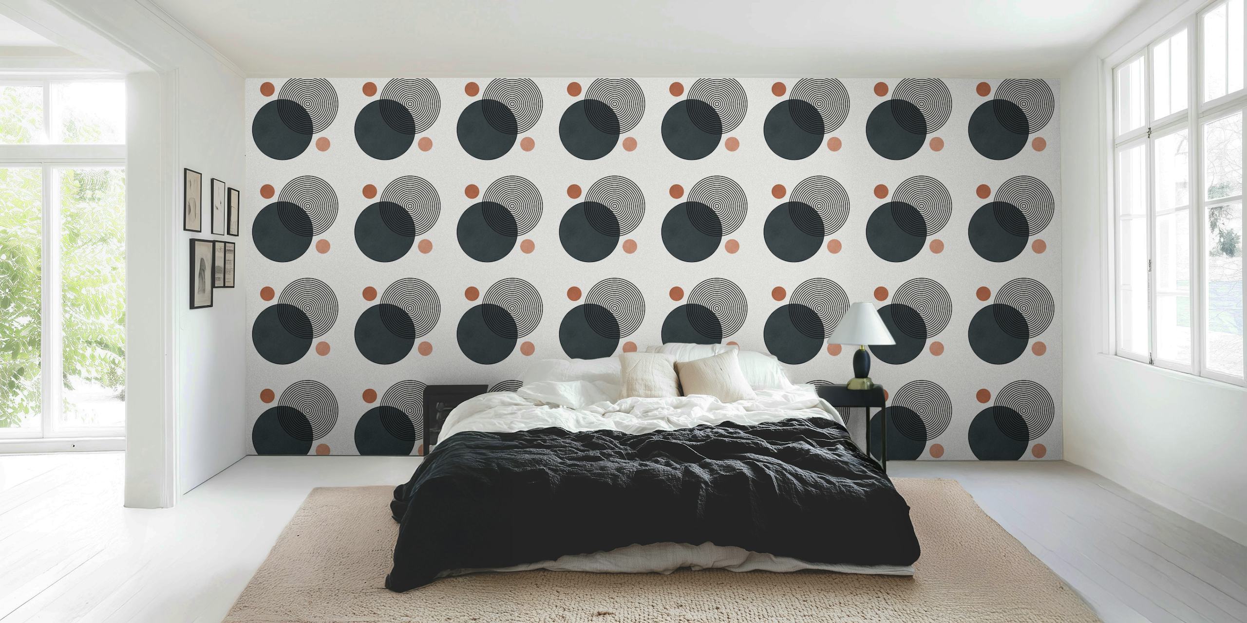 Geometric circles in black, gray, and copper tones wallpaper