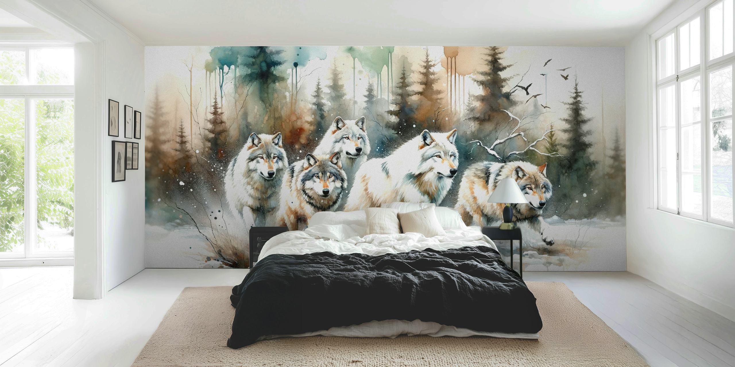 Five watercolor wolves walking through a forest; animal wallpaper