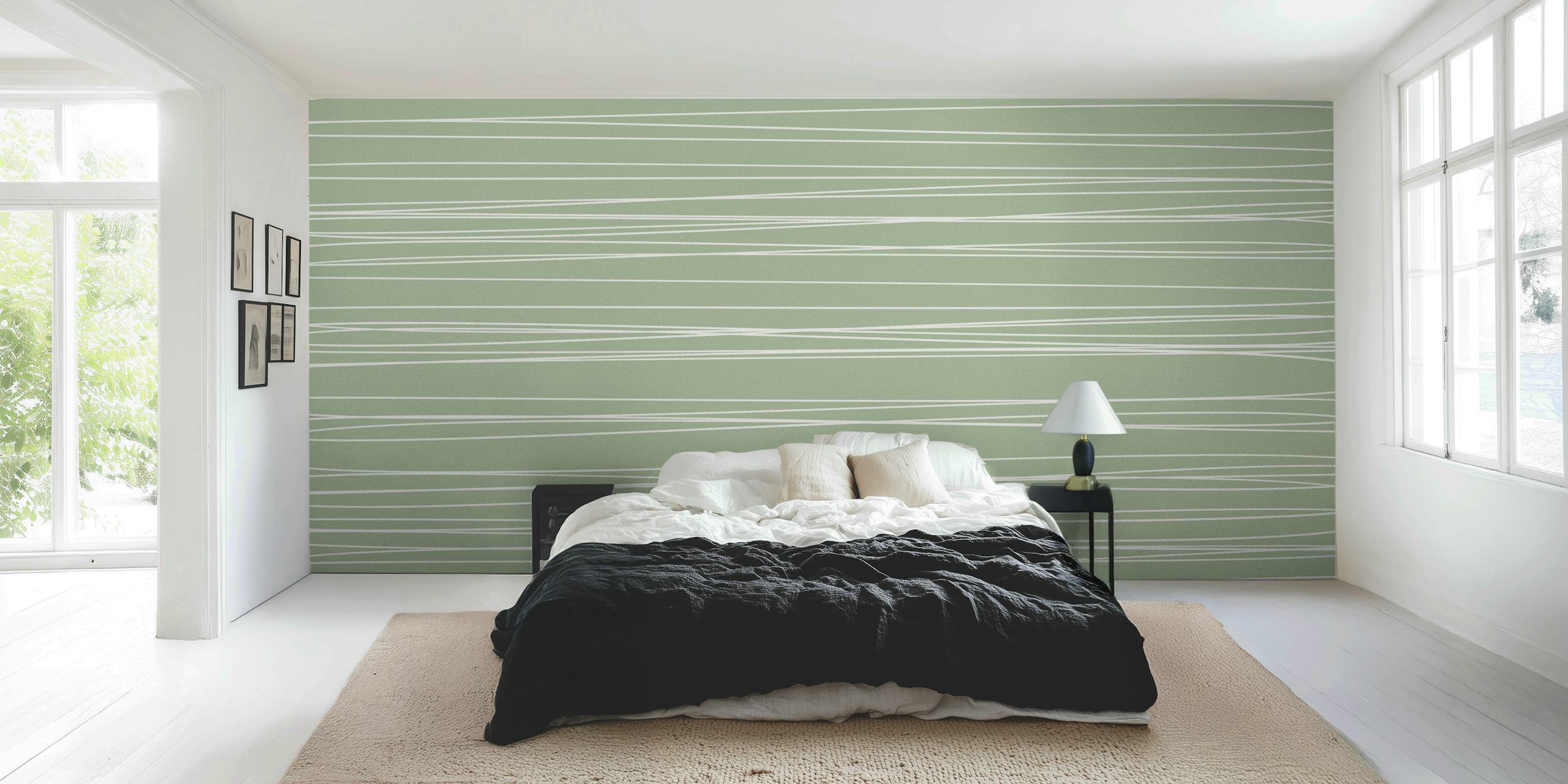 fotomural vinílico de parede com listras de arte em linha desenhada à mão verde sálvia