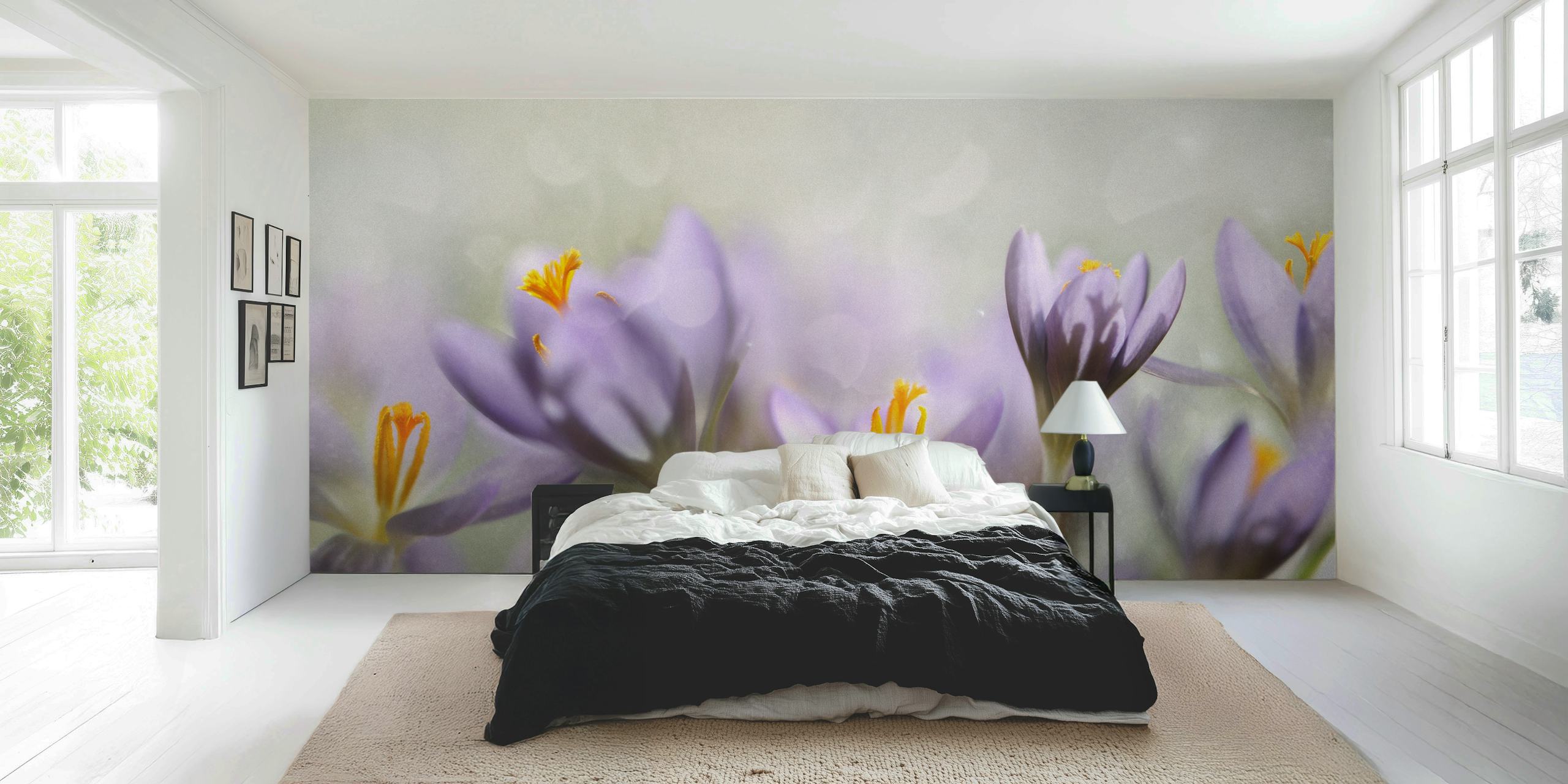 Purple flowers with orange accents in soft focus wallpaper