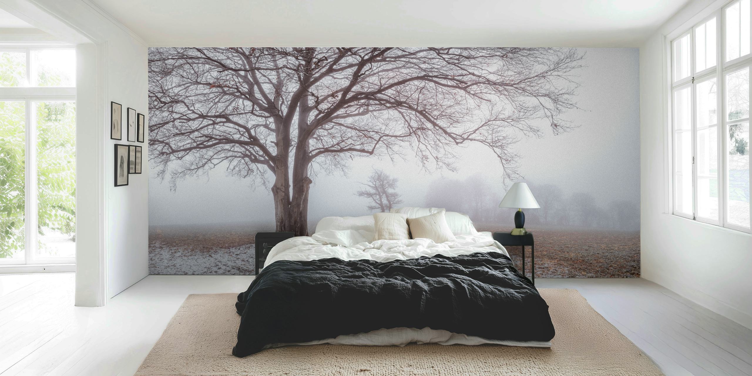 Misty tree in foggy landscape with soft grey tones wallpaper