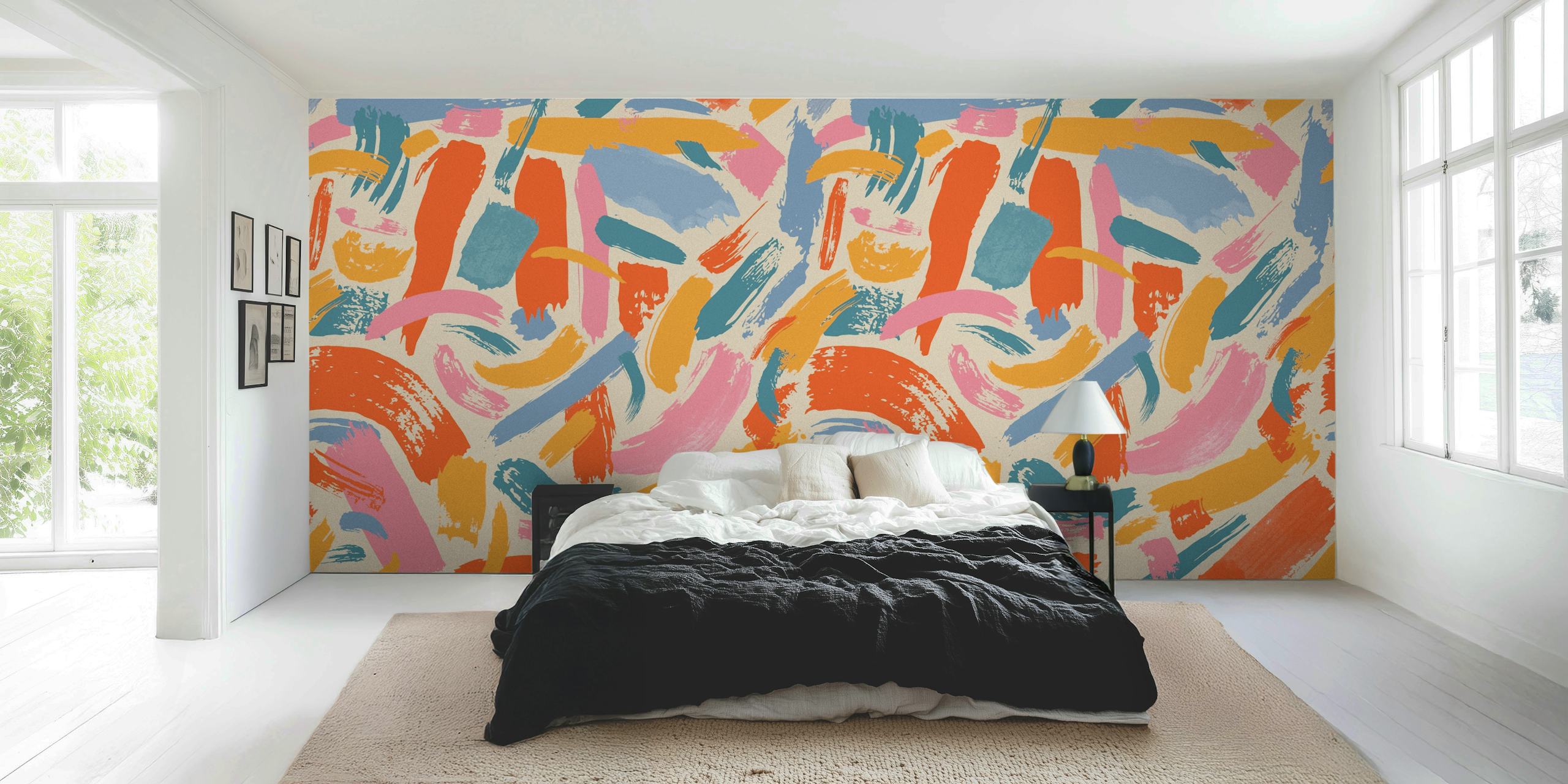 Colorful abstract brush strokes in orange, pink, and blue wallpaper