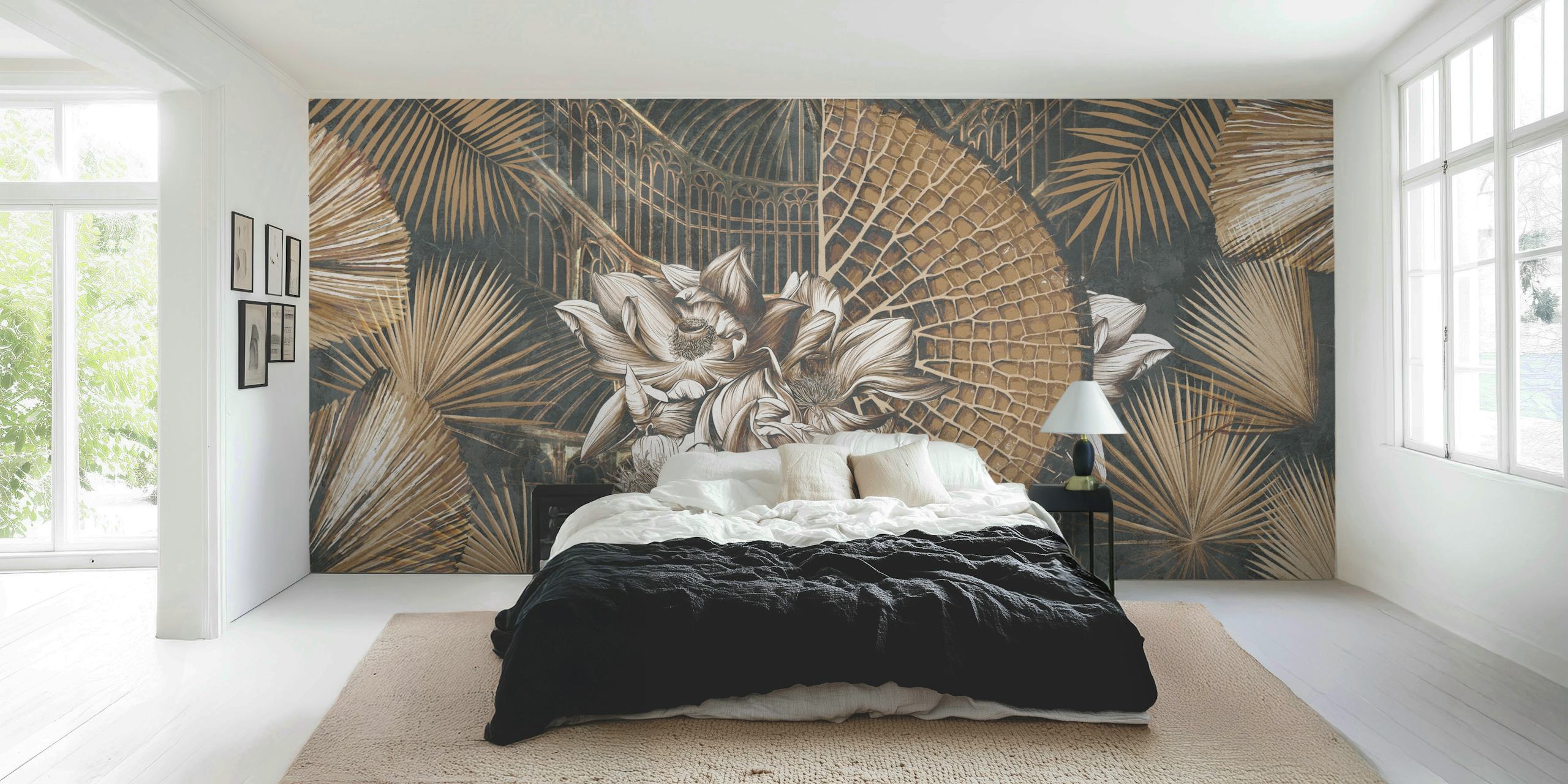 Floral and fan patterns in gold and brown tones wallpaper