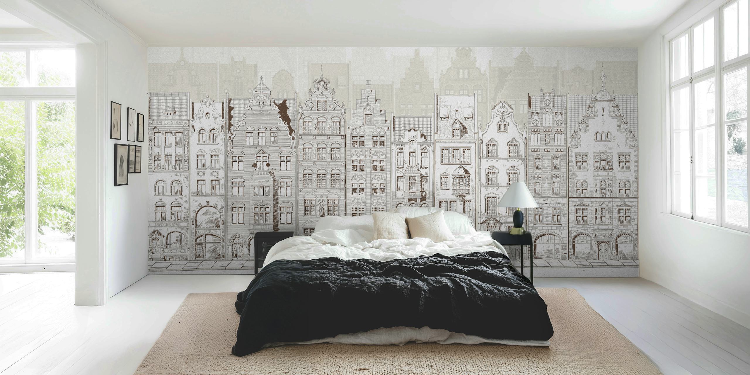 Illustration of Amsterdam houses in beige and gray tones wall mural