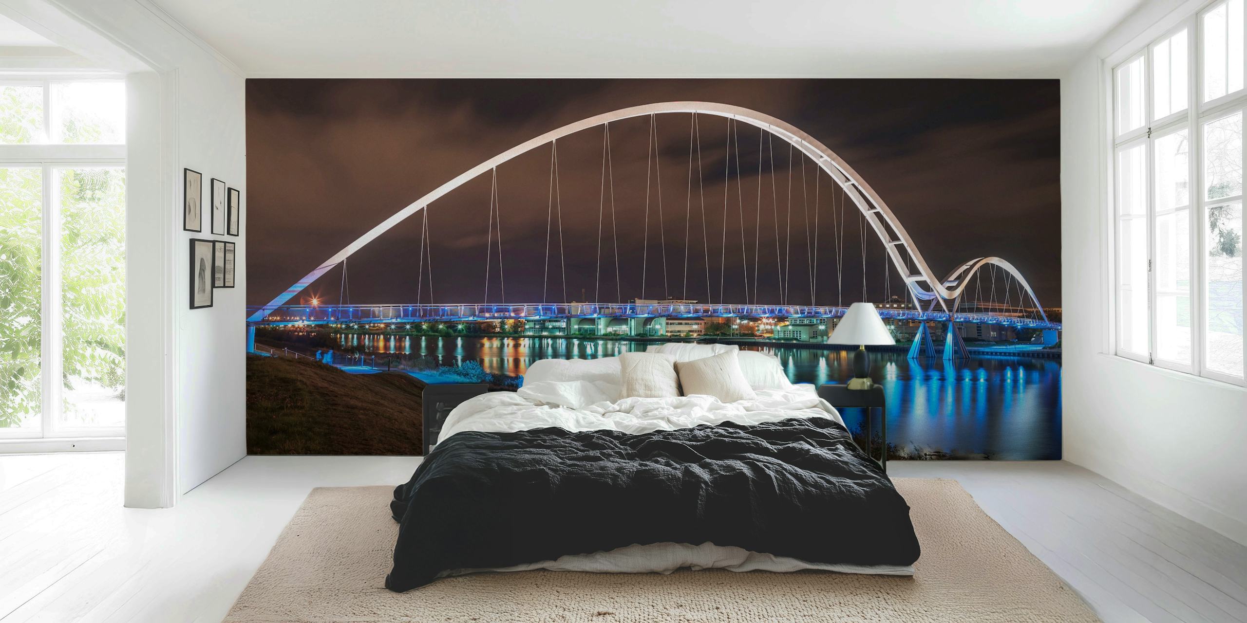 Modern white bridge at night with blue lights reflection wallpaper