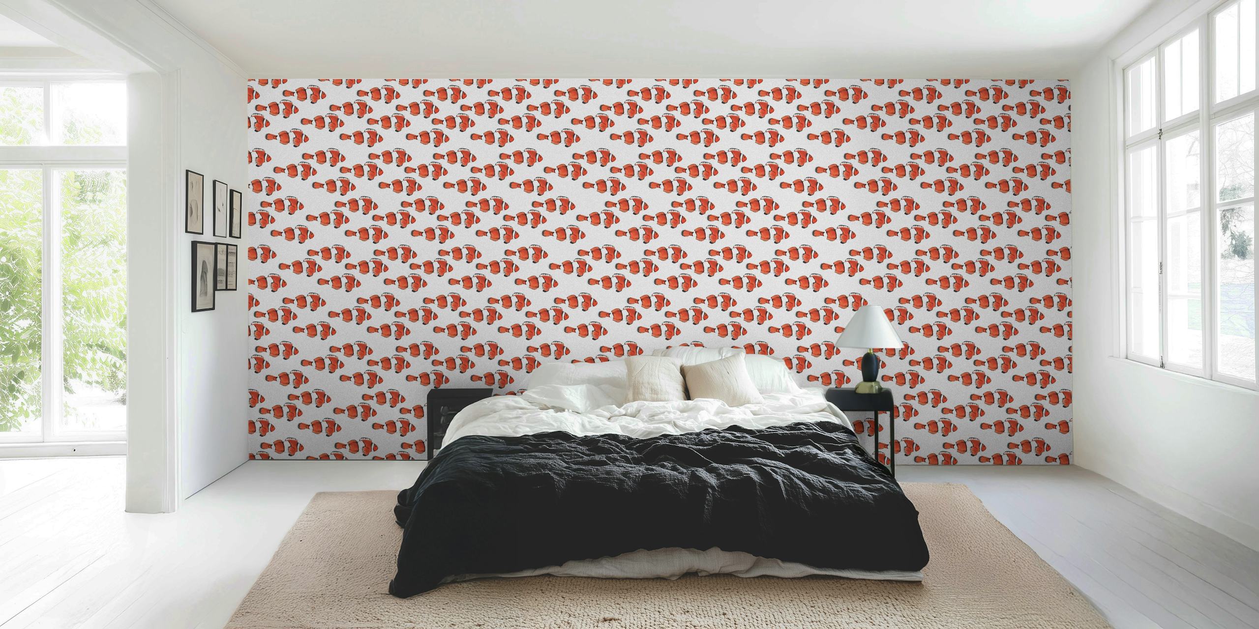 Repeated pattern of red fish on a white background wallpaper