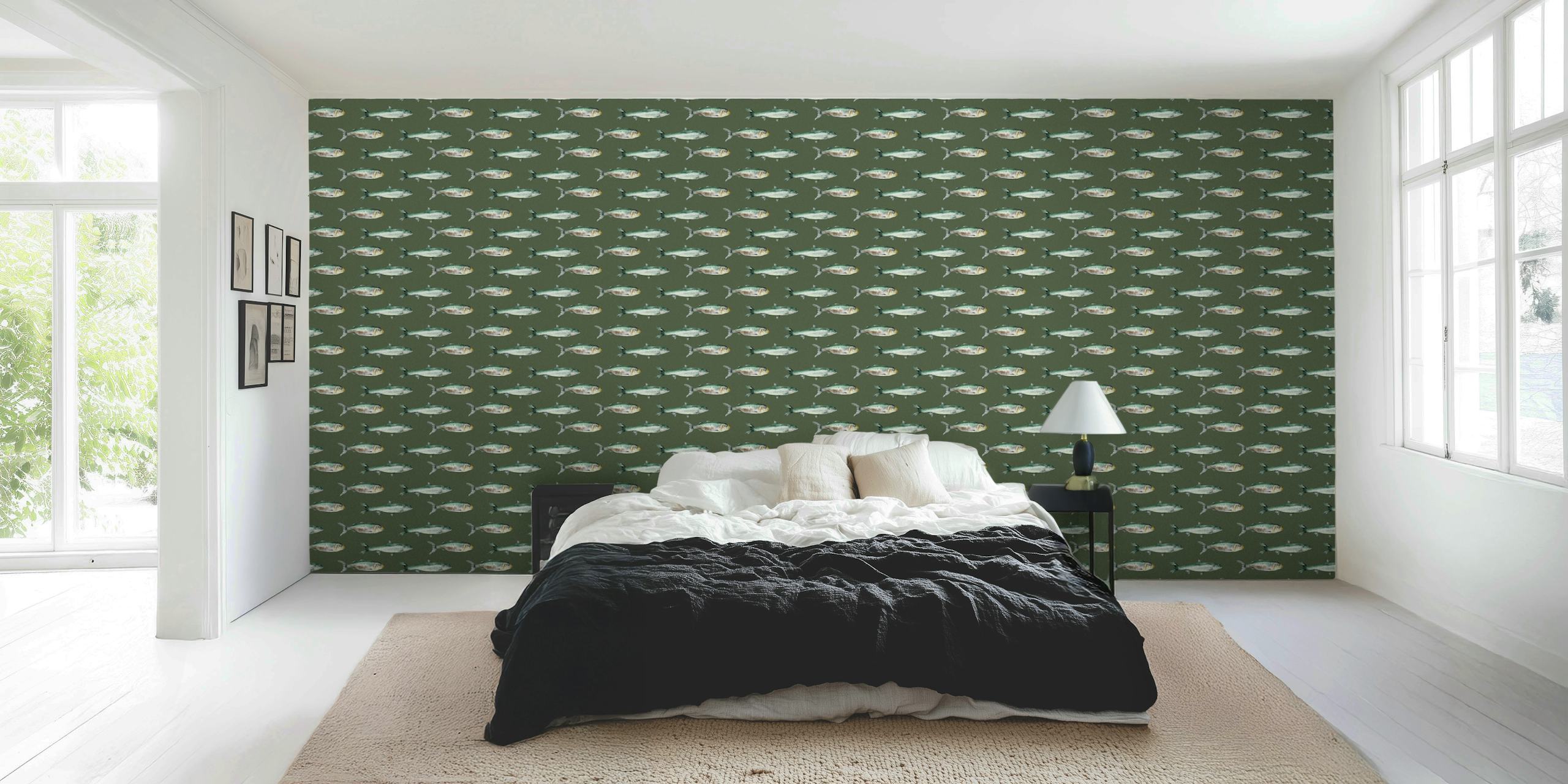 Green fish pattern wallpaper featuring various fish designs