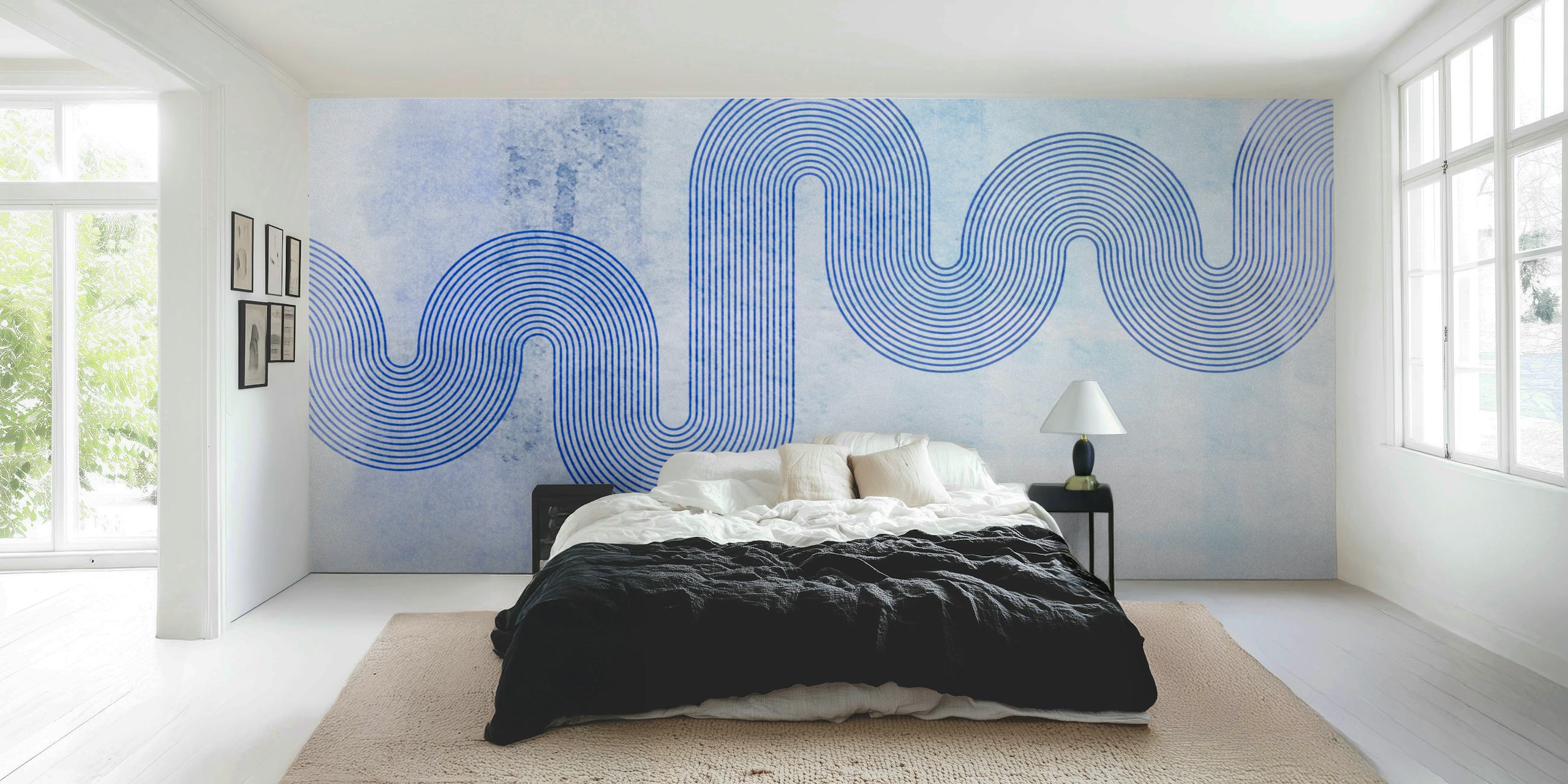 Blue abstract wavy lines on a soft blue background wallpaper