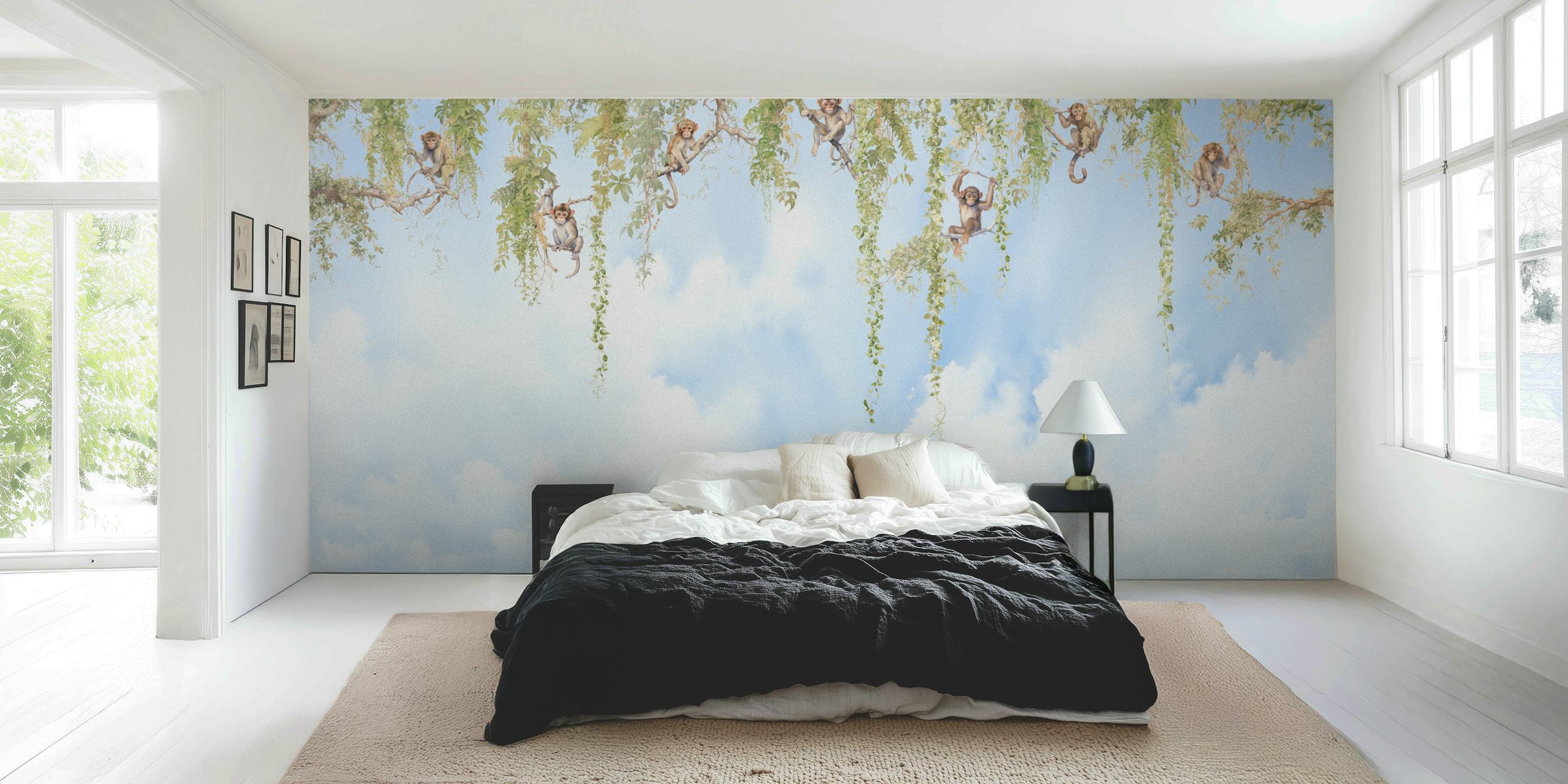 Wallpaper featuring playful monkeys in a room