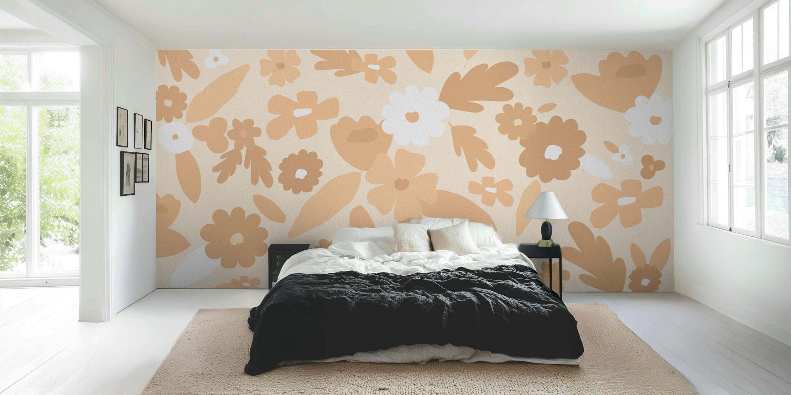 Peach floral pattern wallpaper featuring leaves and flowers