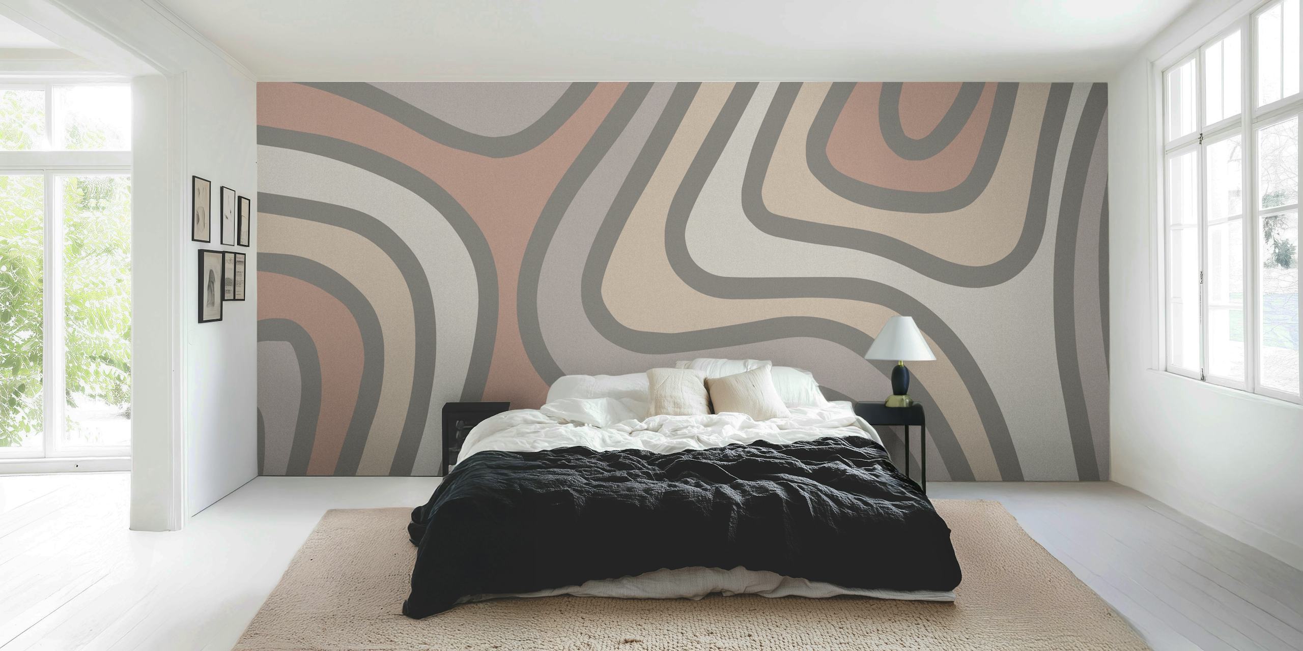 Abstract wavy lines in pink and gray on beige wallpaper