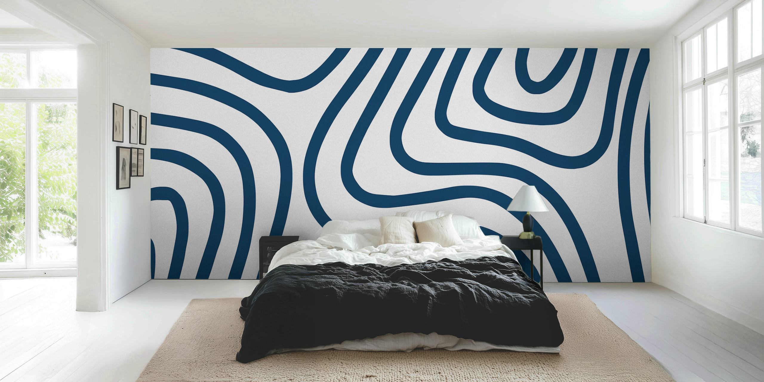 Navy blue abstract line pattern on white background wallpaper