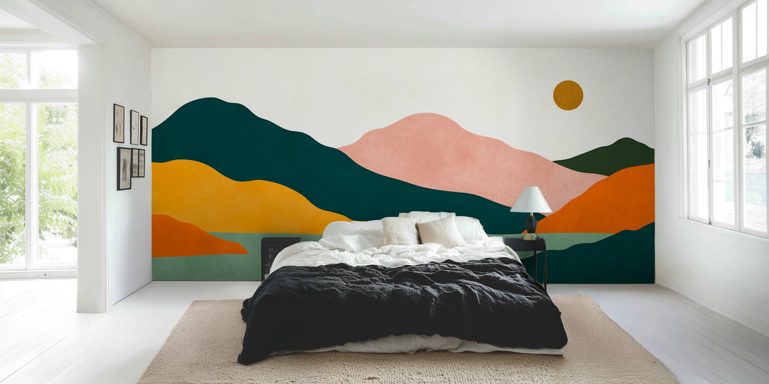 Colorful layered mountains and sun watercolor wallpaper