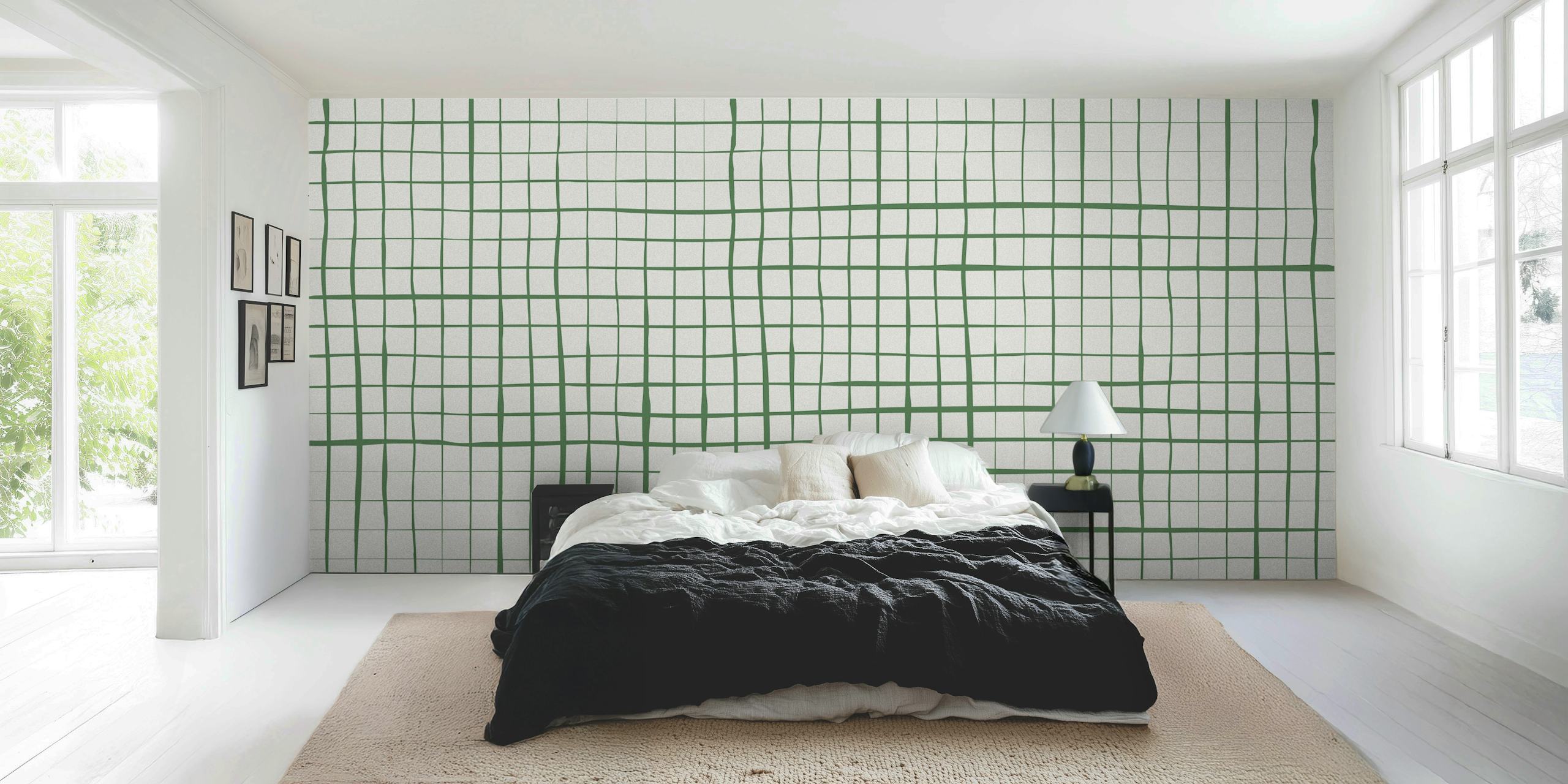 Stripes Grid Green behang in een kamer