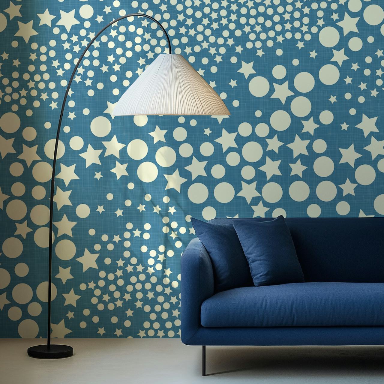 Galaxy Glam Geometry Vintage Blue WM em um quarto