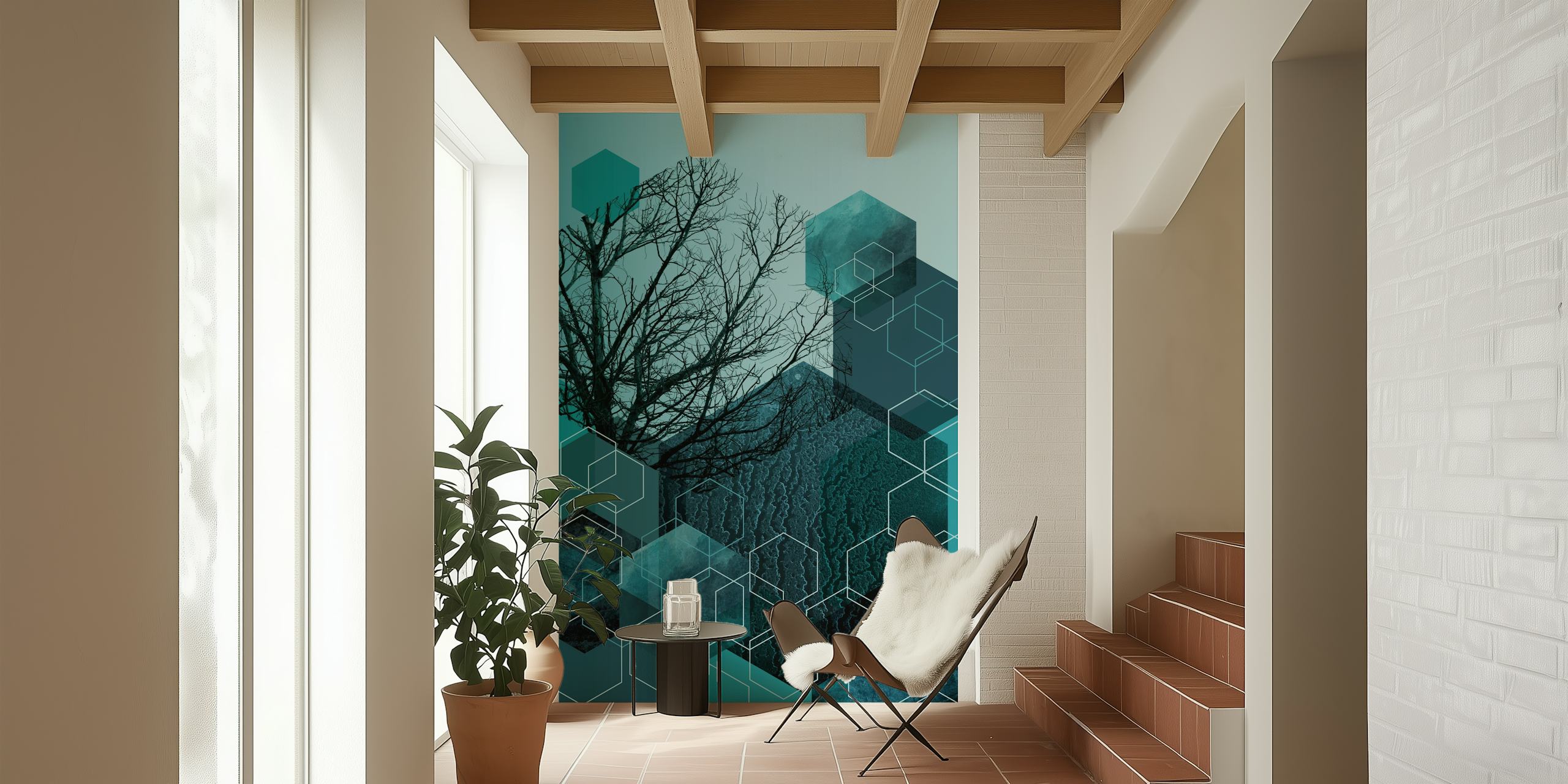 Teal geometric tree wallpaper with hexagon patterns