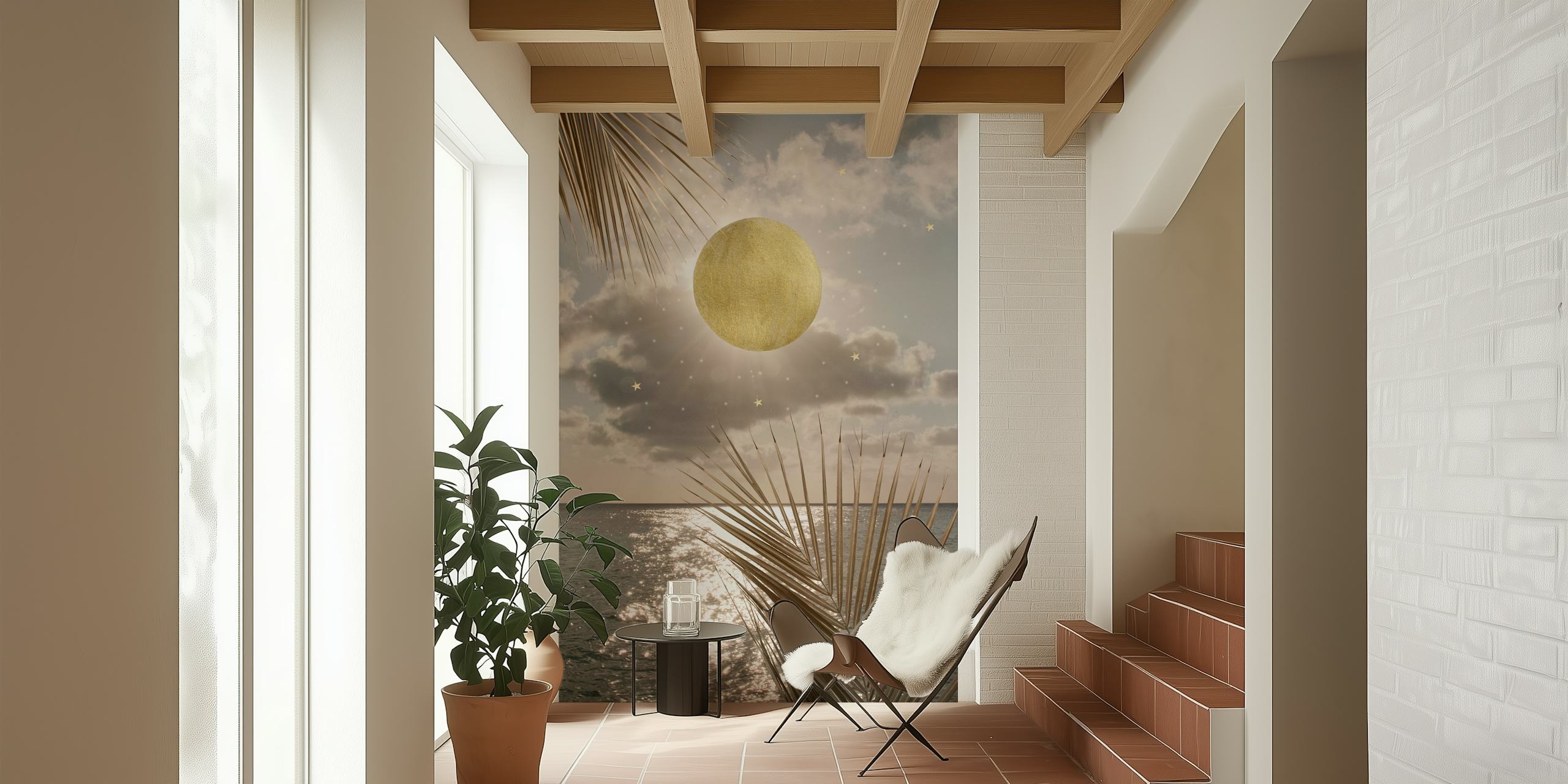 Puesta de sol caribeña con sol dorado y vista al mar, silueta de palmera en primer plano