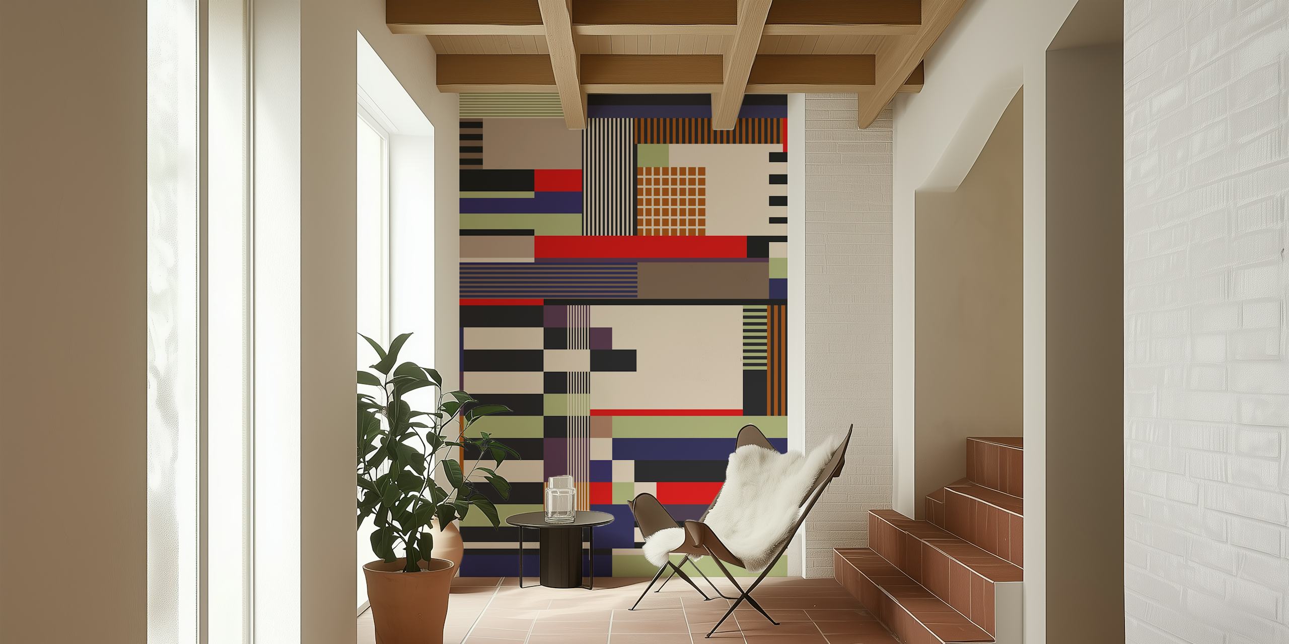 Colorful geometric pattern in shades of blue, red, green, and beige wallpaper