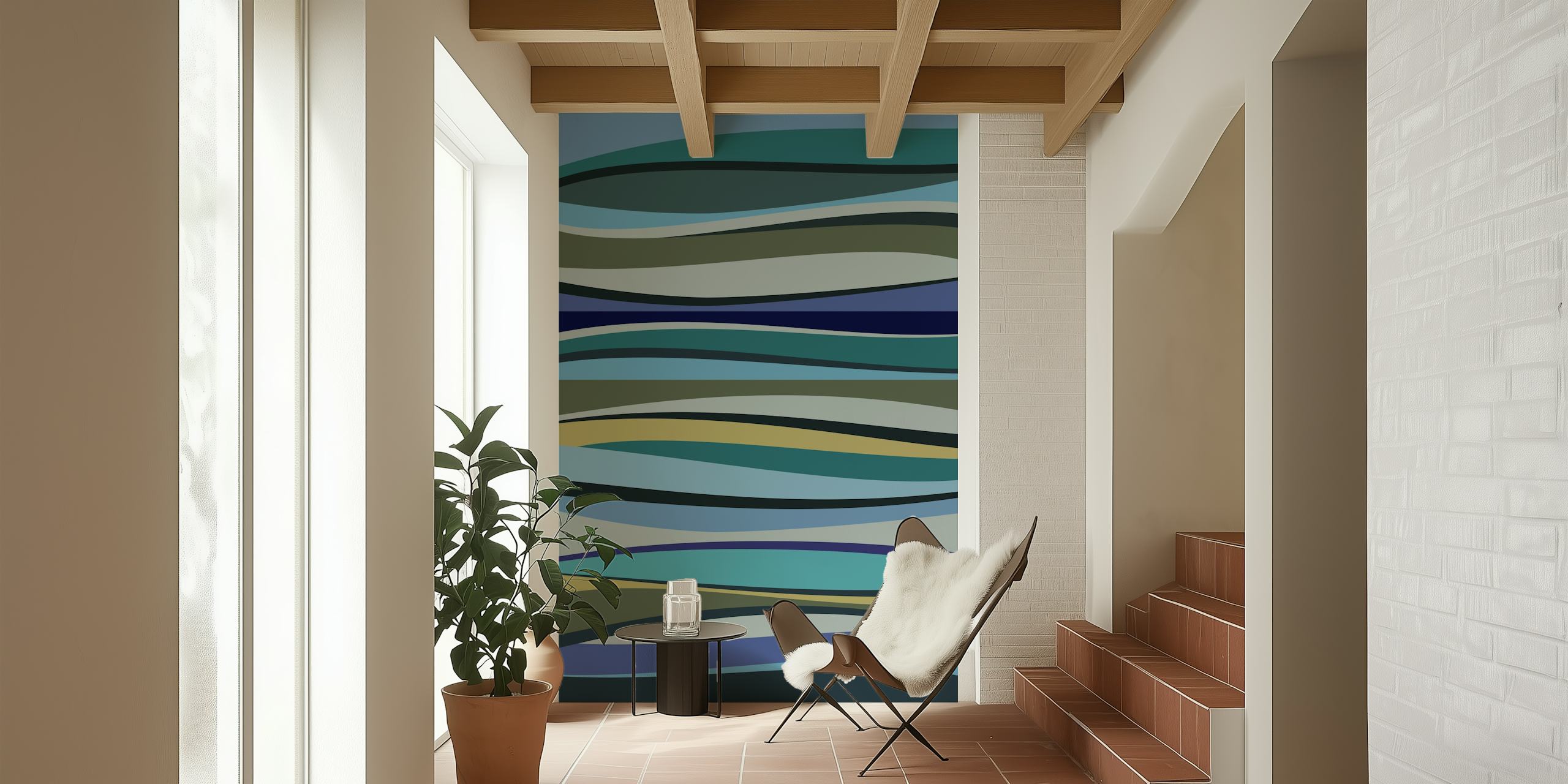 Abstract fluid lines wall mural in varying shades of blue and green resembling peaceful water ripples