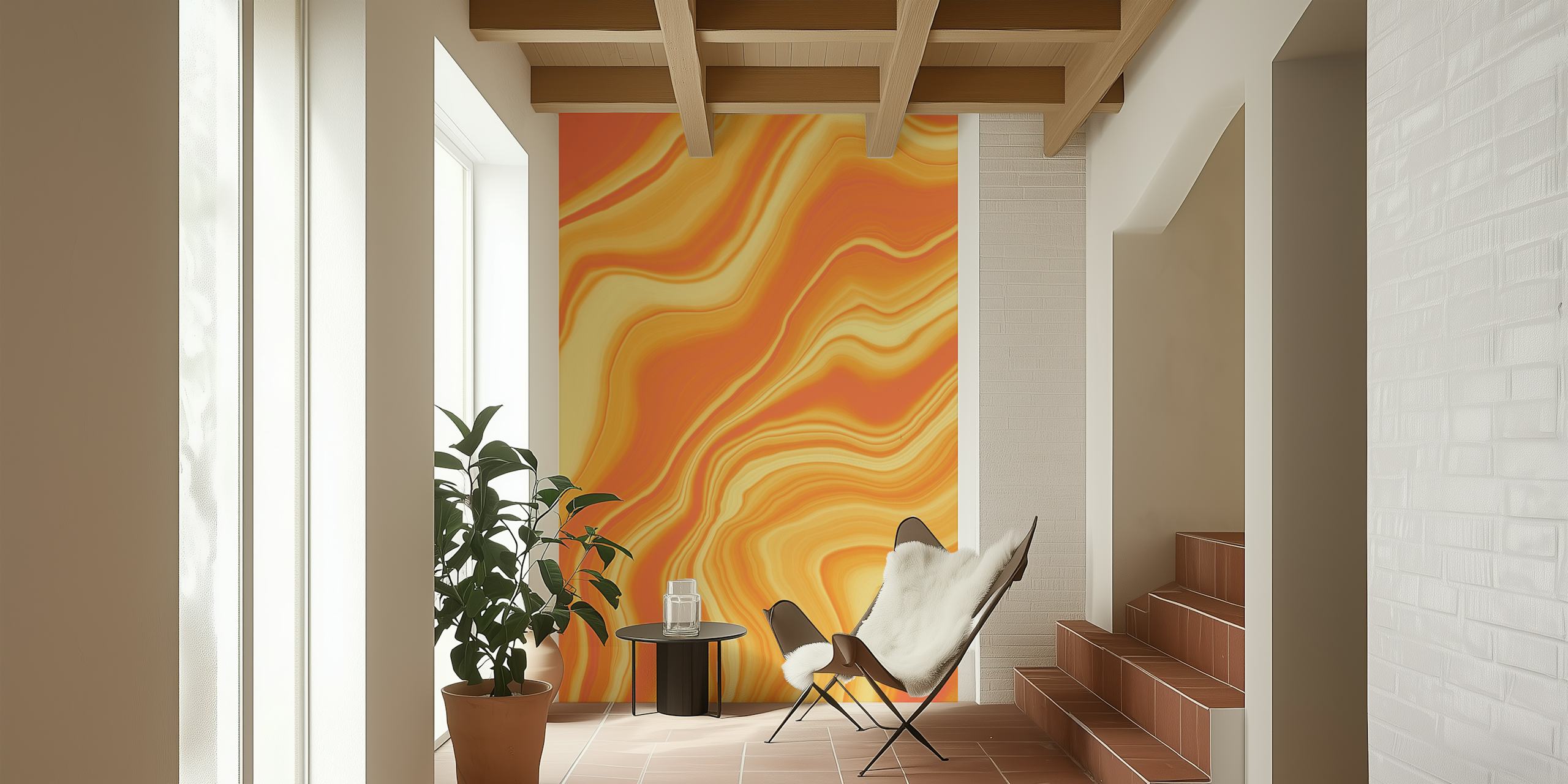Liquid marble pattern in yellow and orange tones wallpaper