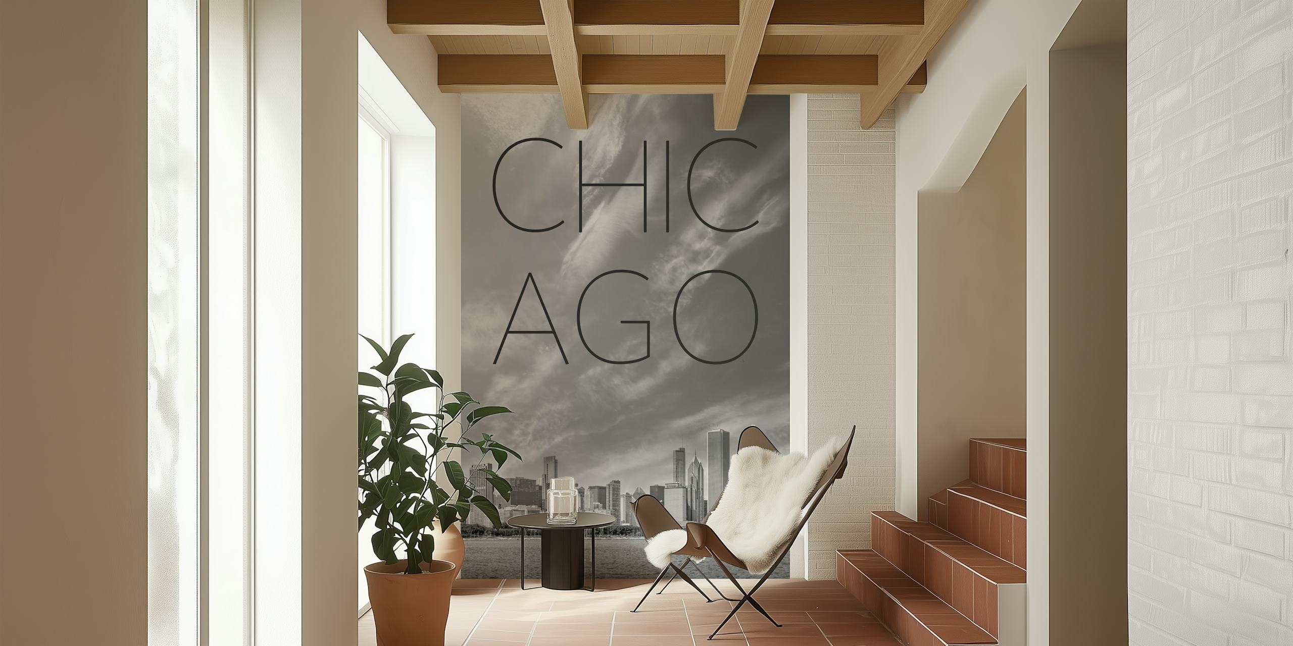 Papel De Parede Chicago Skyline Exibido Em Um Quarto.
