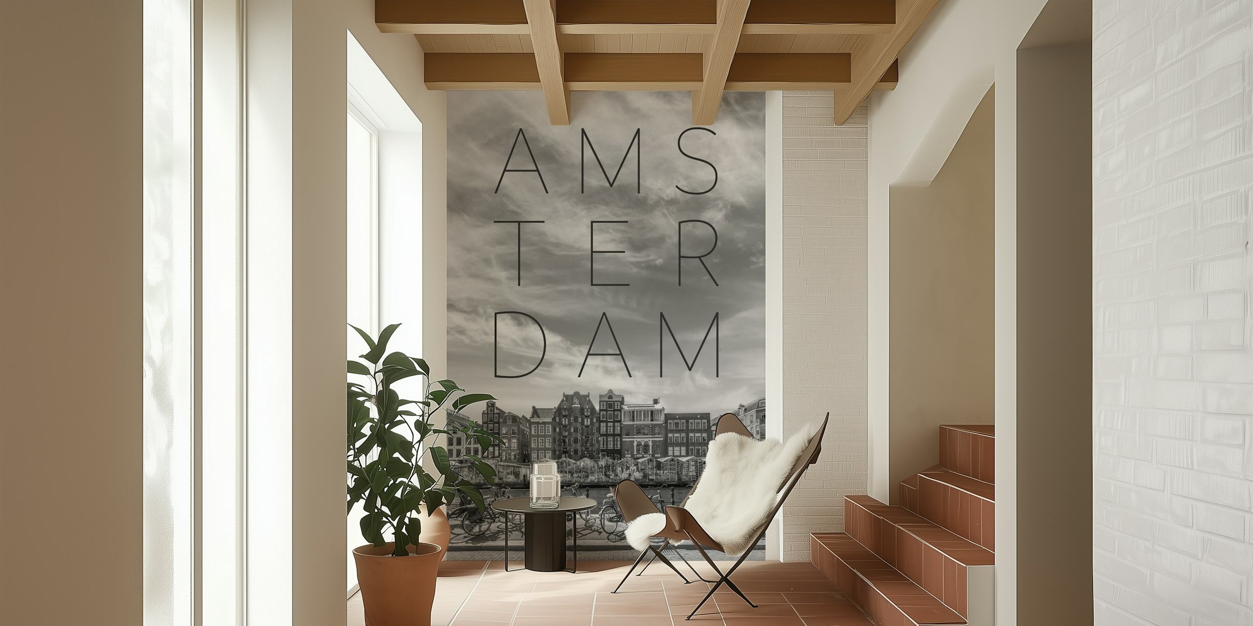 Black and white wall mural featuring Amsterdam's historic Singel Canal with Dutch houses and bicycles