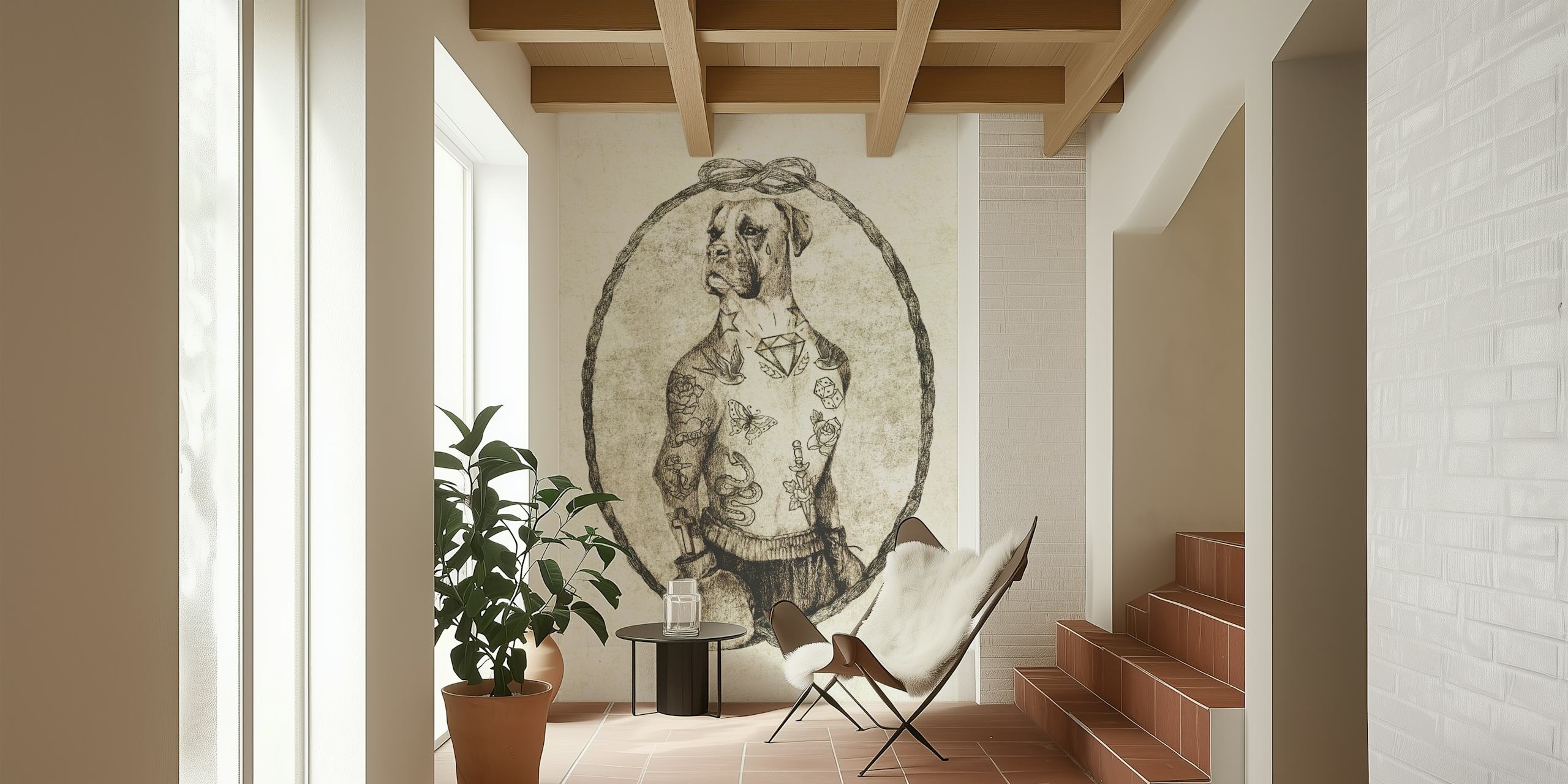 Boxer dog with tattoos on chest in an oval frame wallpaper