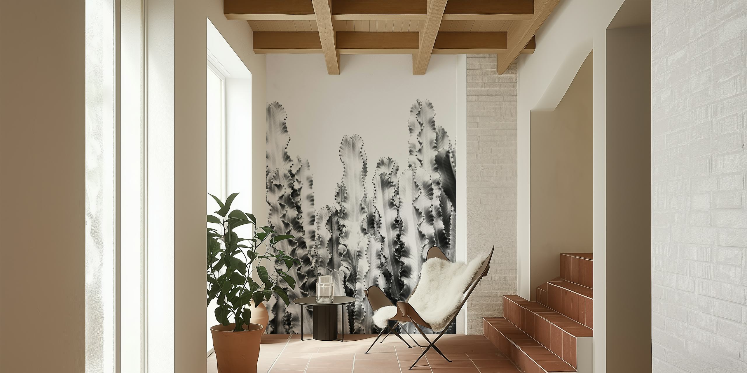 Black and white cactus wallpaper featuring tall, wavy patterns.