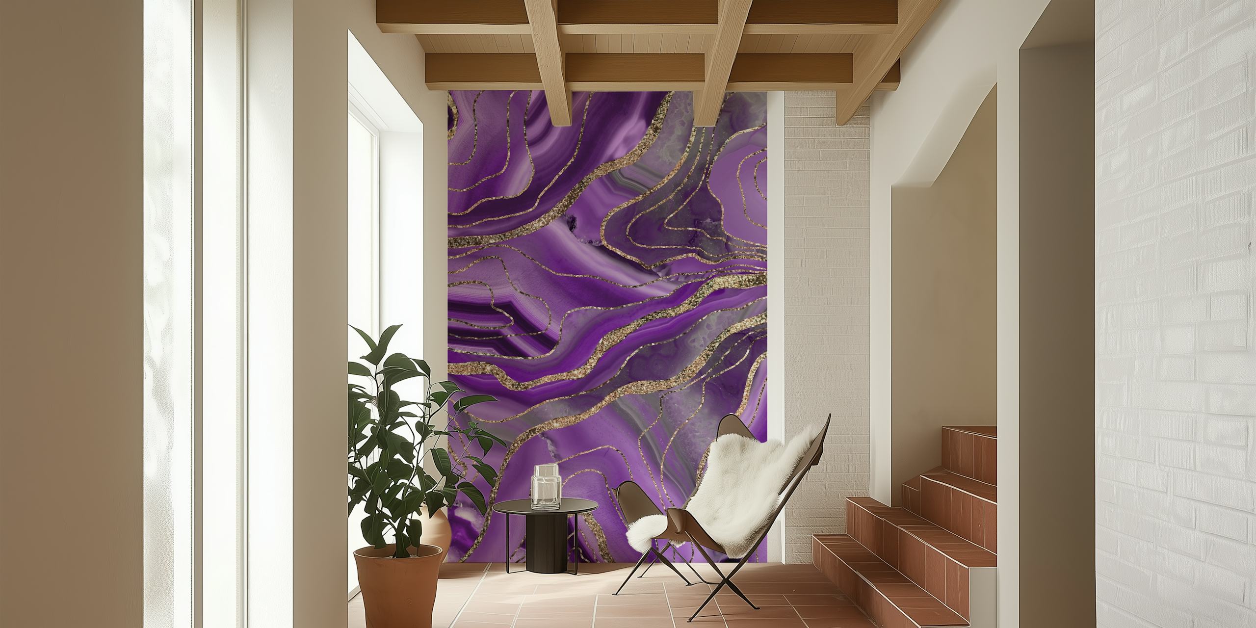 Purple and gold agate waves with glitter accents wallpaper
