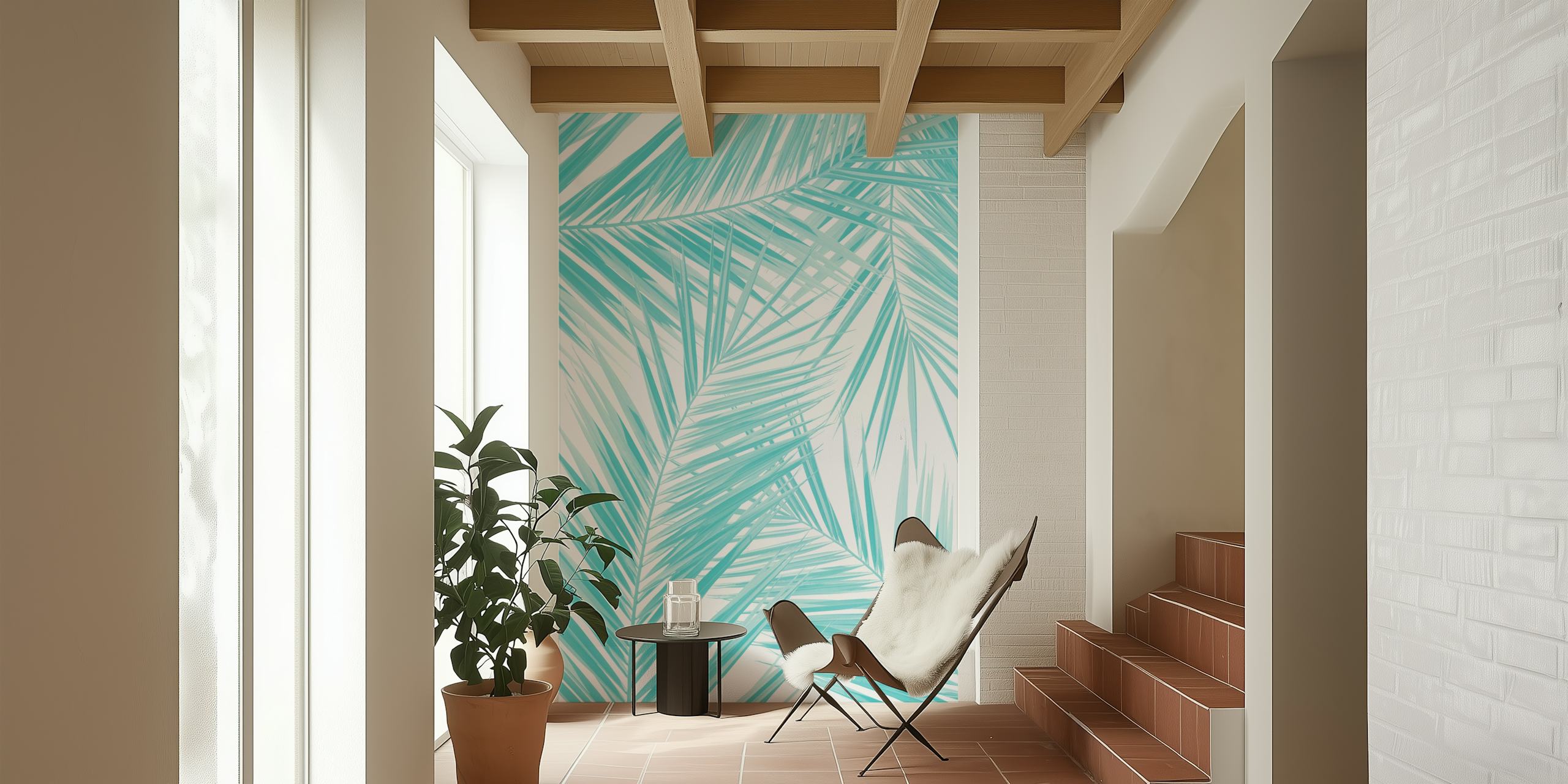 Aqua palm leaves pattern wallpaper in tropical style