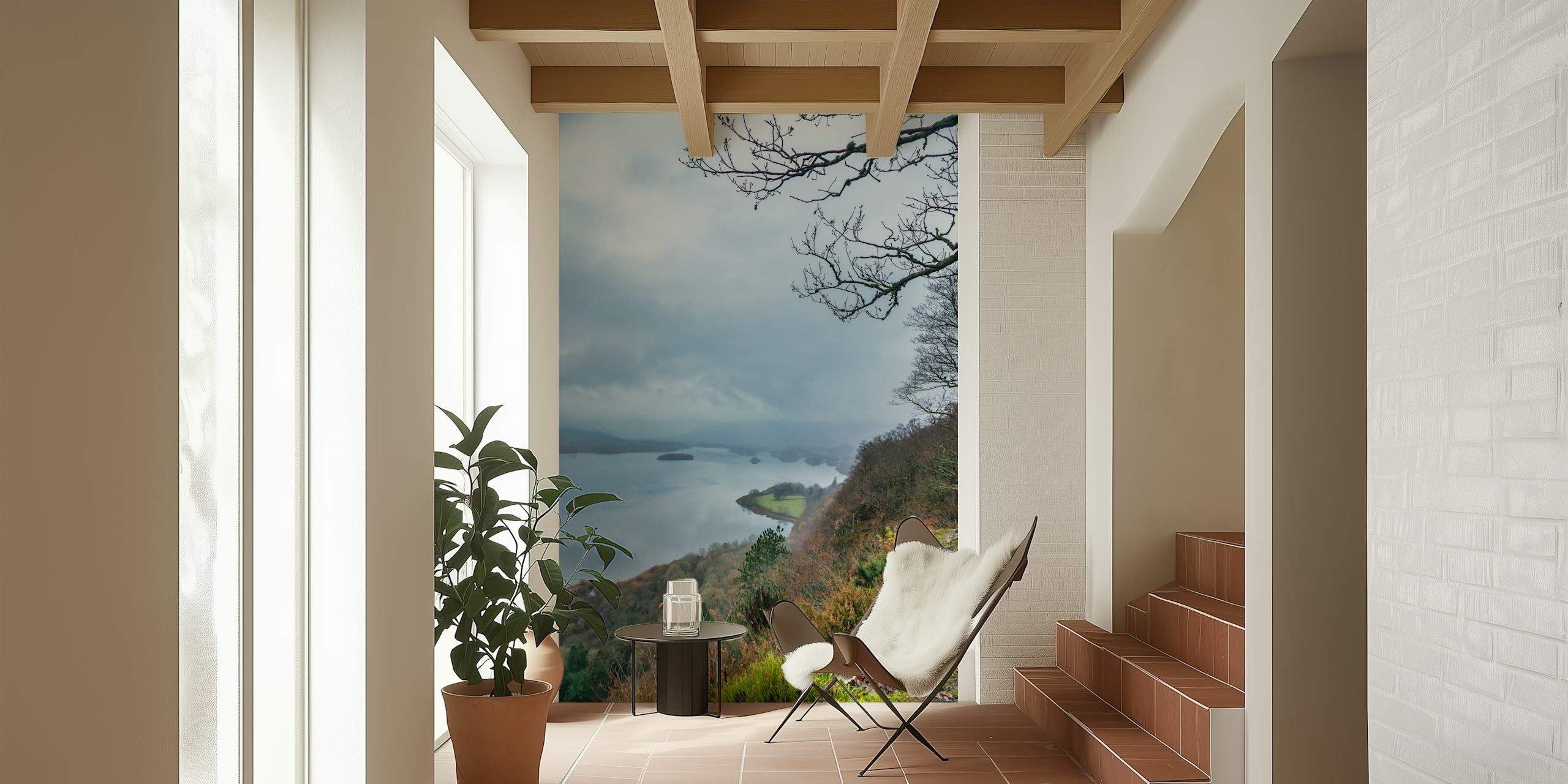 British Lake District wall mural with misty lakeside view