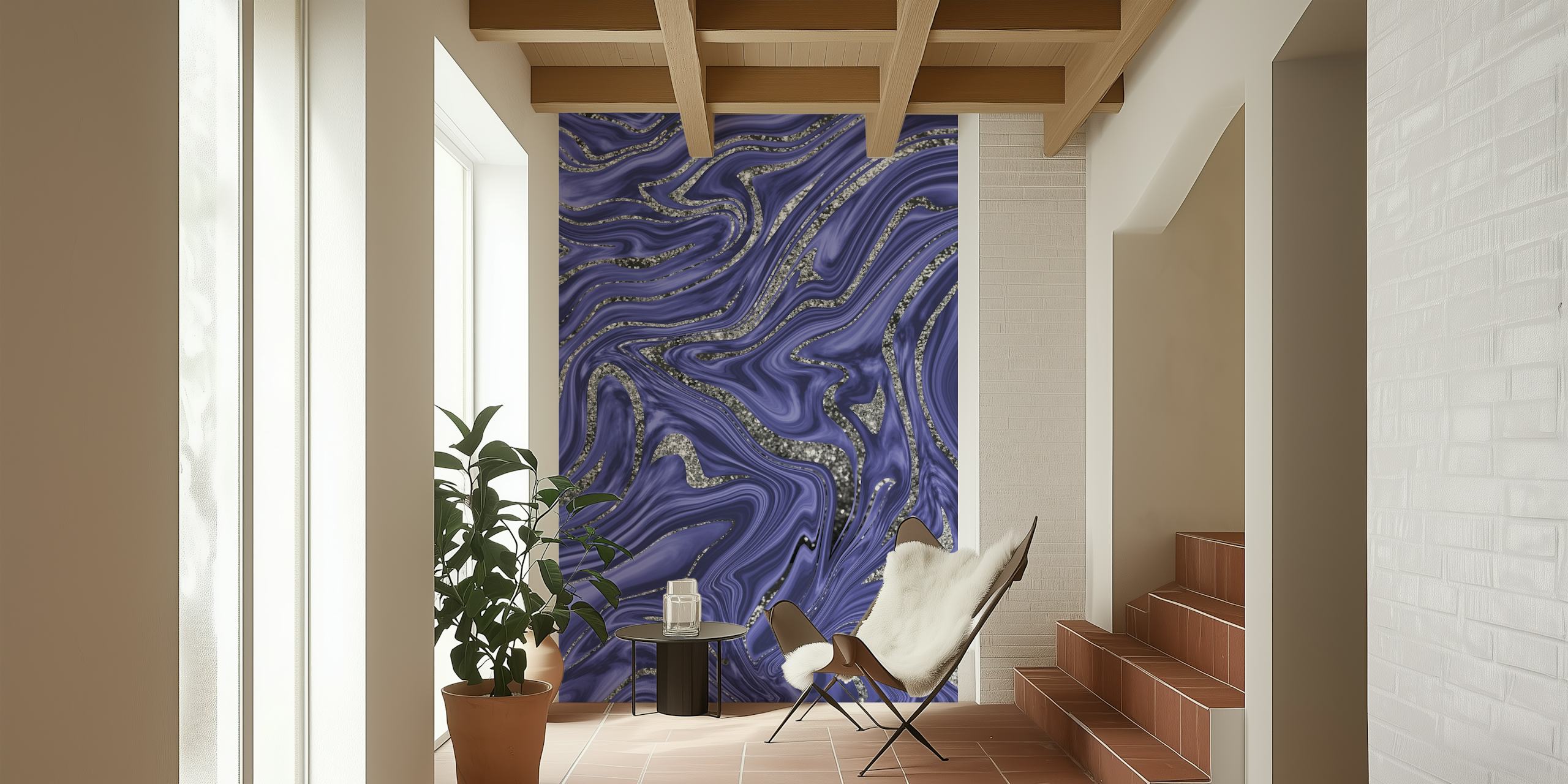 Papier peint mural abstrait à tourbillon de paillettes argentées et Very Peri