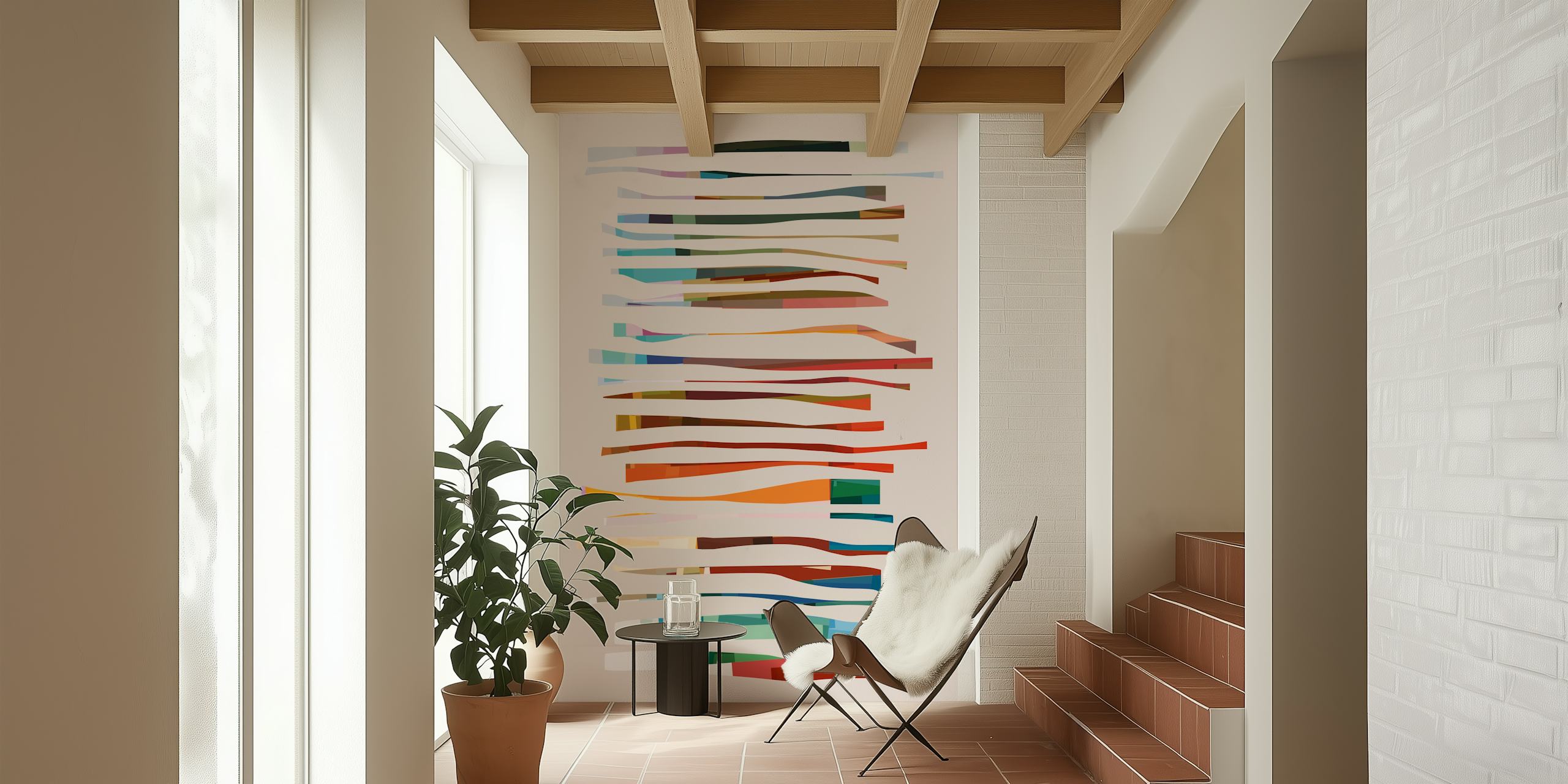 Colorful abstract striped wallpaper with wavy lines in various hues.