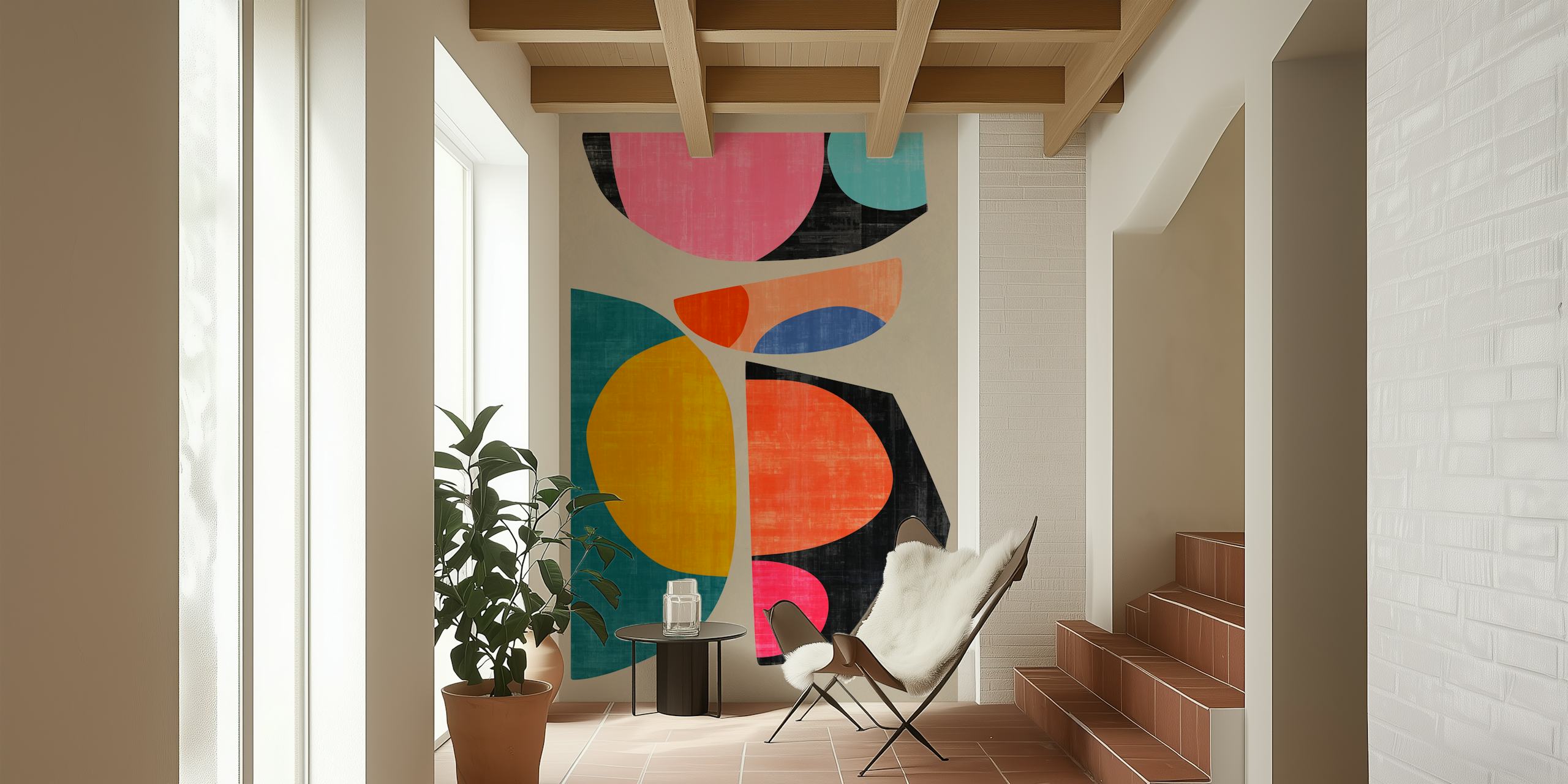 Colorful abstract shapes in pink, black, blue, orange, and yellow wallpaper