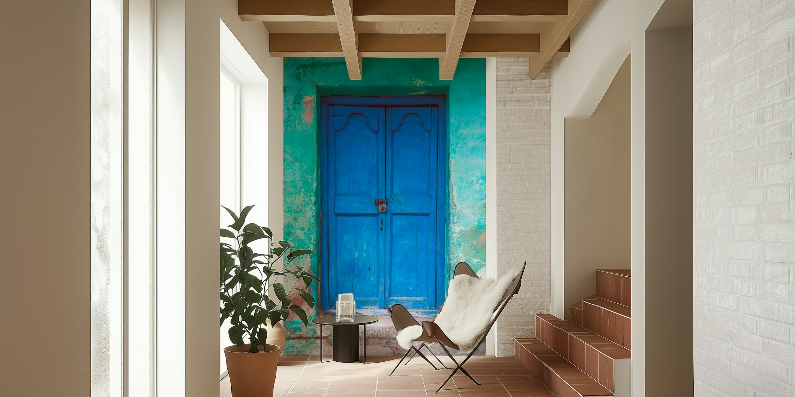 Blue rustic door with turquoise walls wallpaper