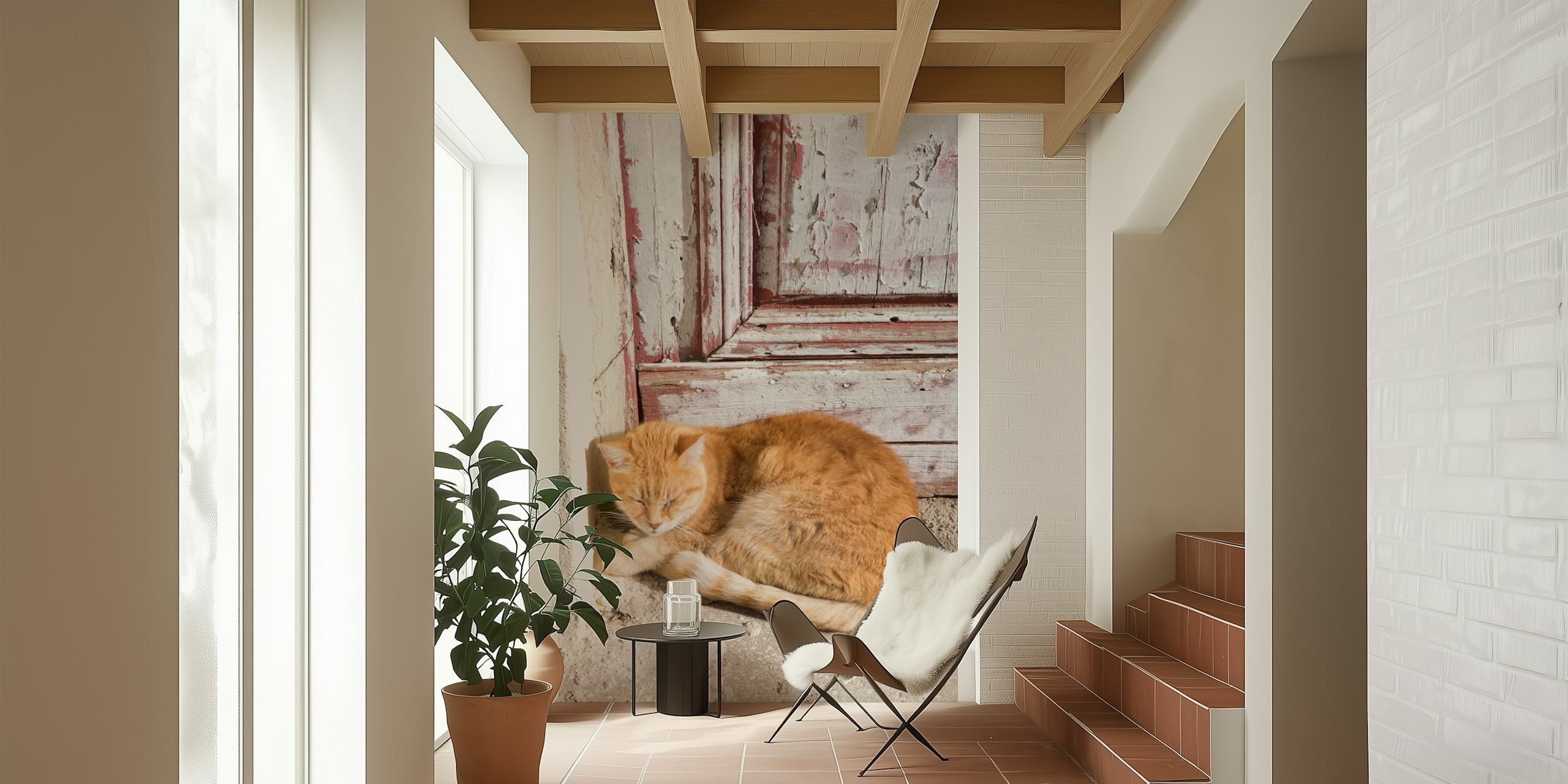 Chat mignon se repose contre une porte