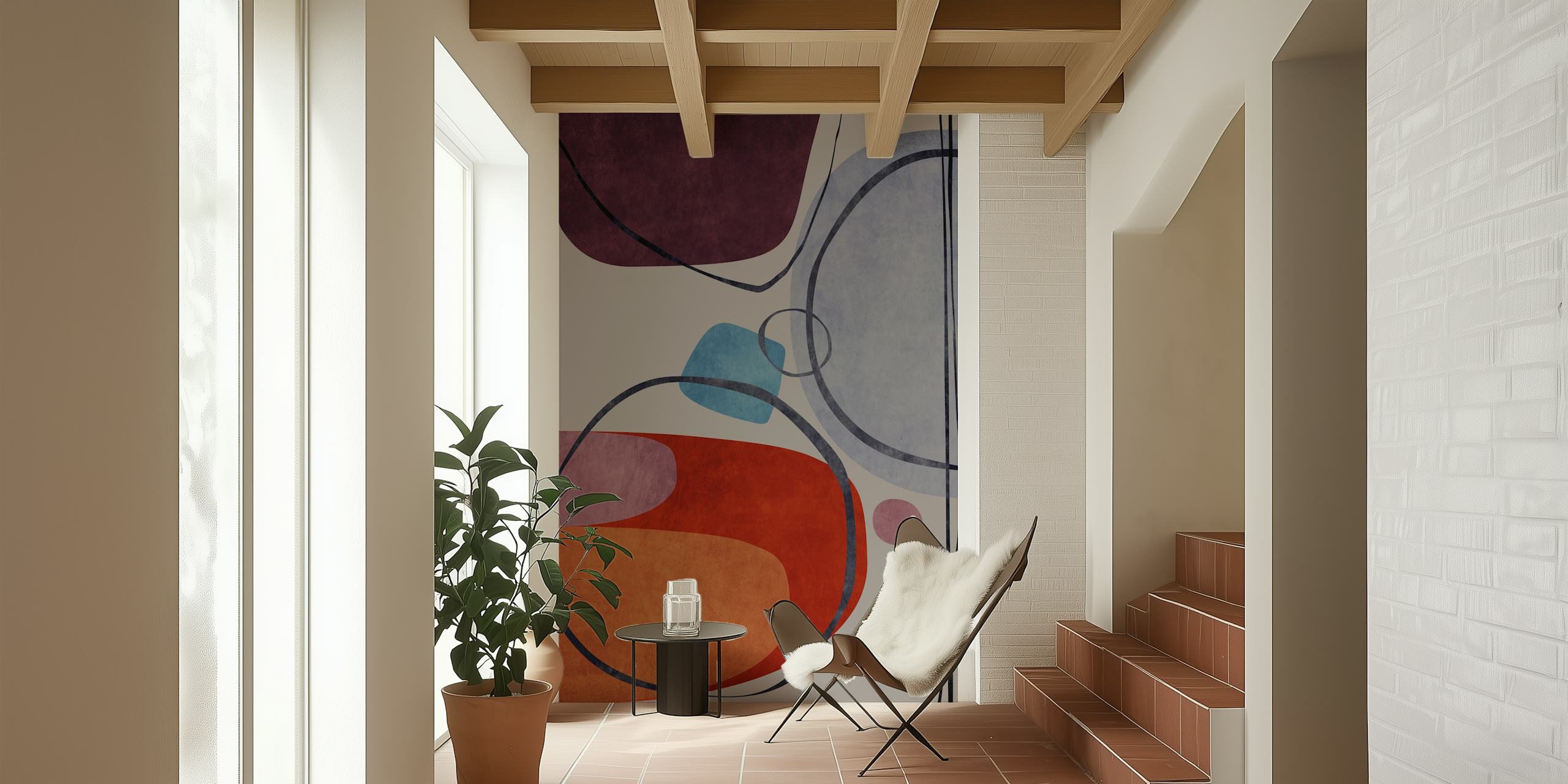 Abstract wall mural with curvy shapes in burgundy, ochre, and blue