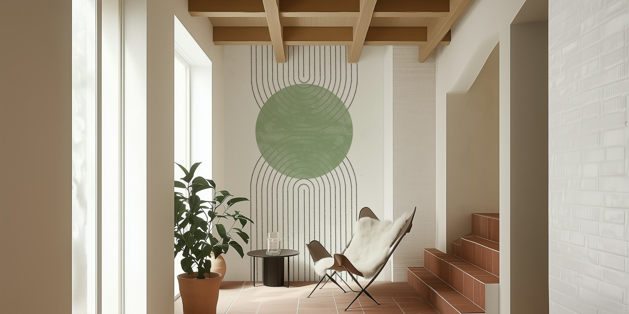 Mural de parede Green Moon II com um design circular verde com linhas brancas fluidas em um fundo neutro