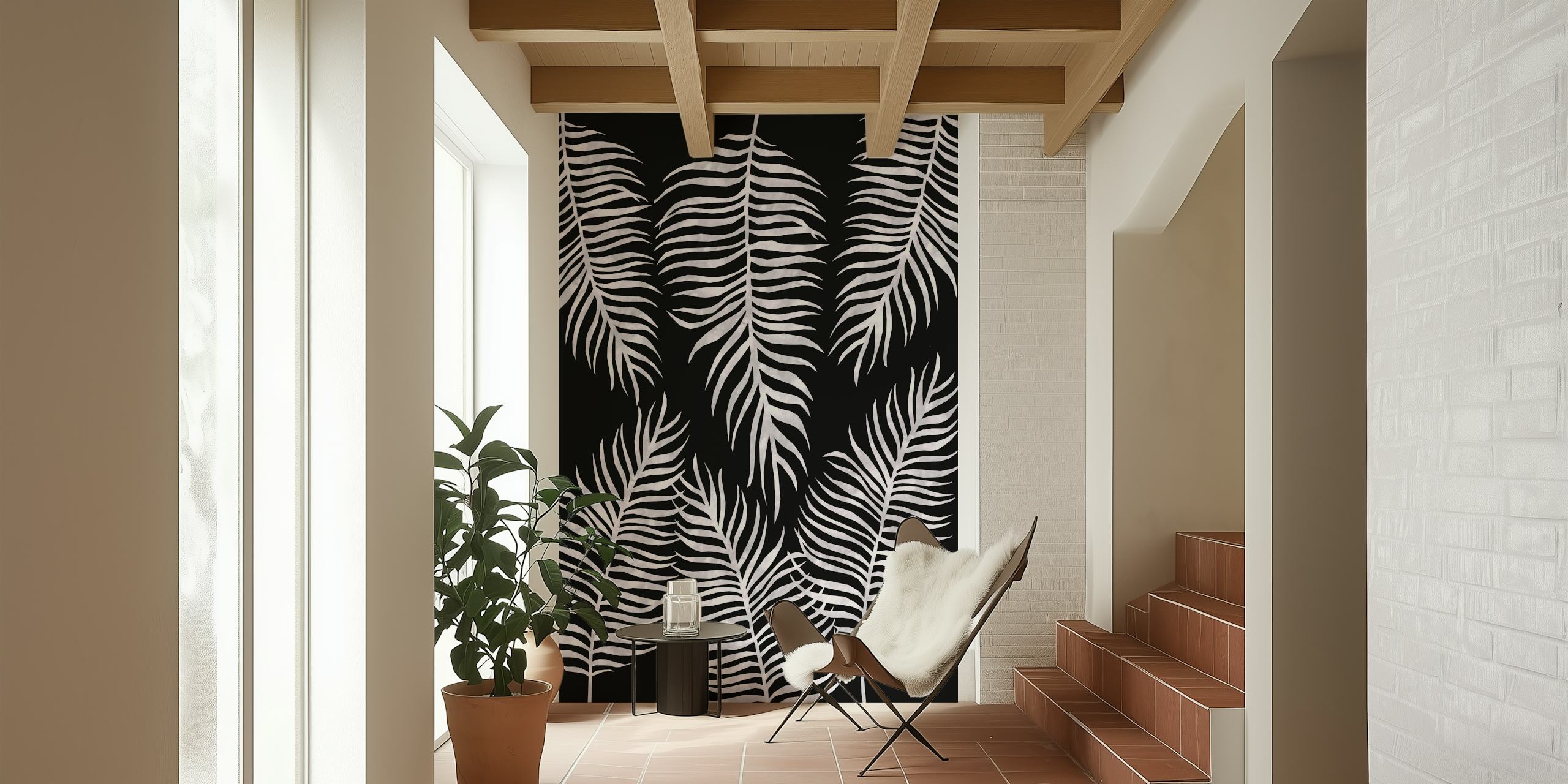 Black and white fern pattern wall mural