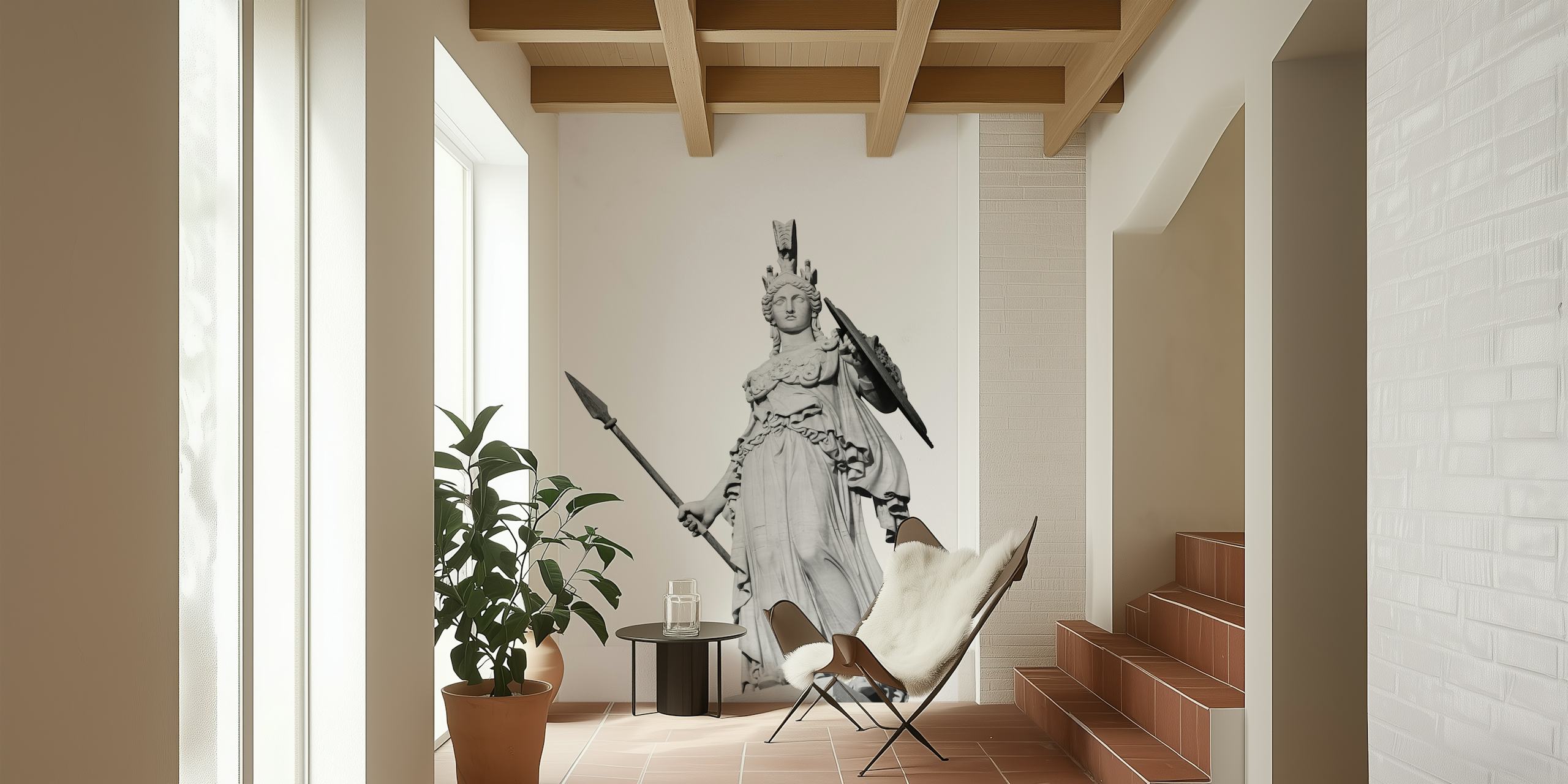 Athena, déesse de la sagesse, papier peint représentant la statue classique de la déesse grecque avec une lance et un casque sur un fond blanc.