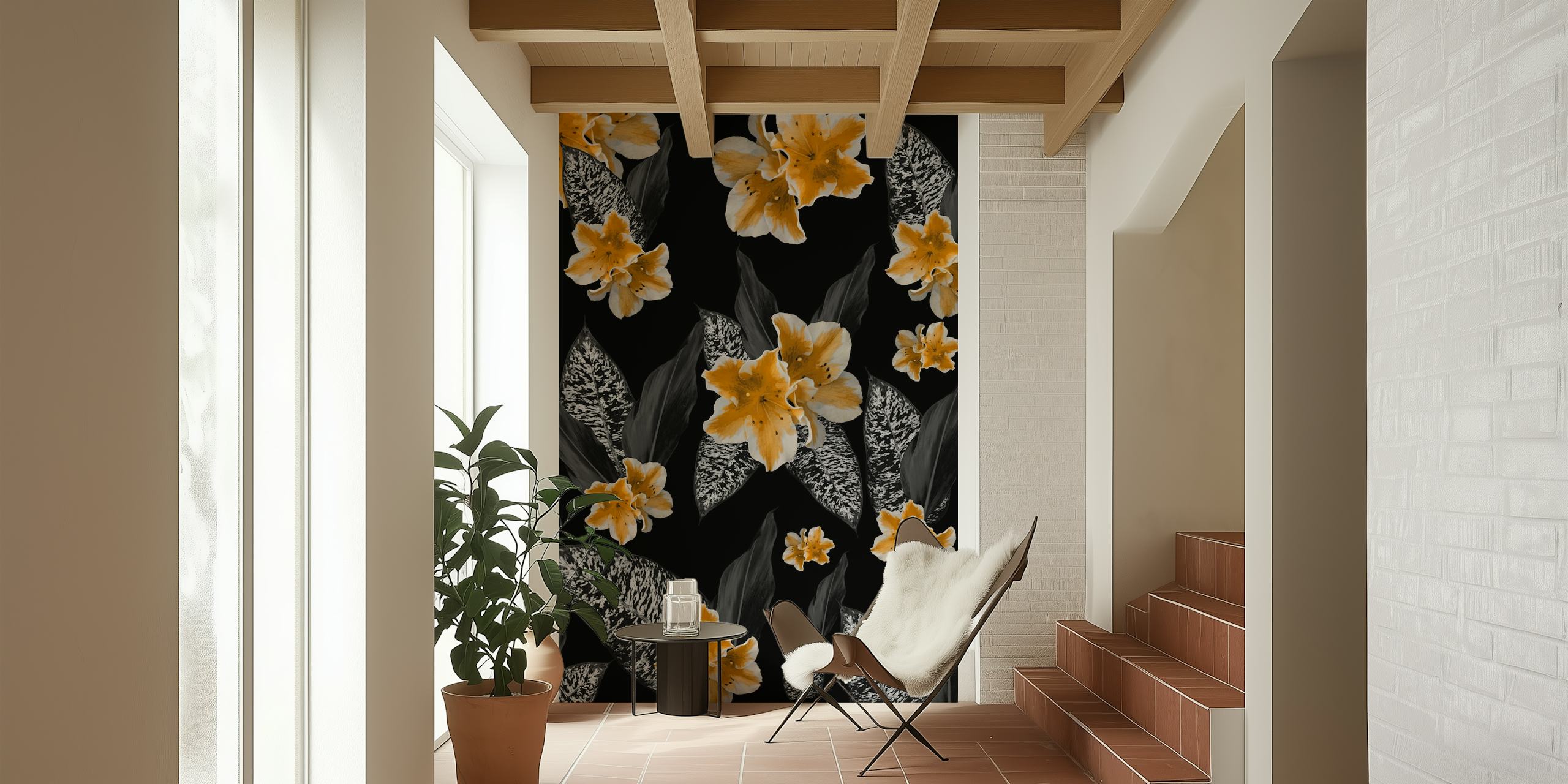 Black floral wallpaper with yellow blossoms and leaves