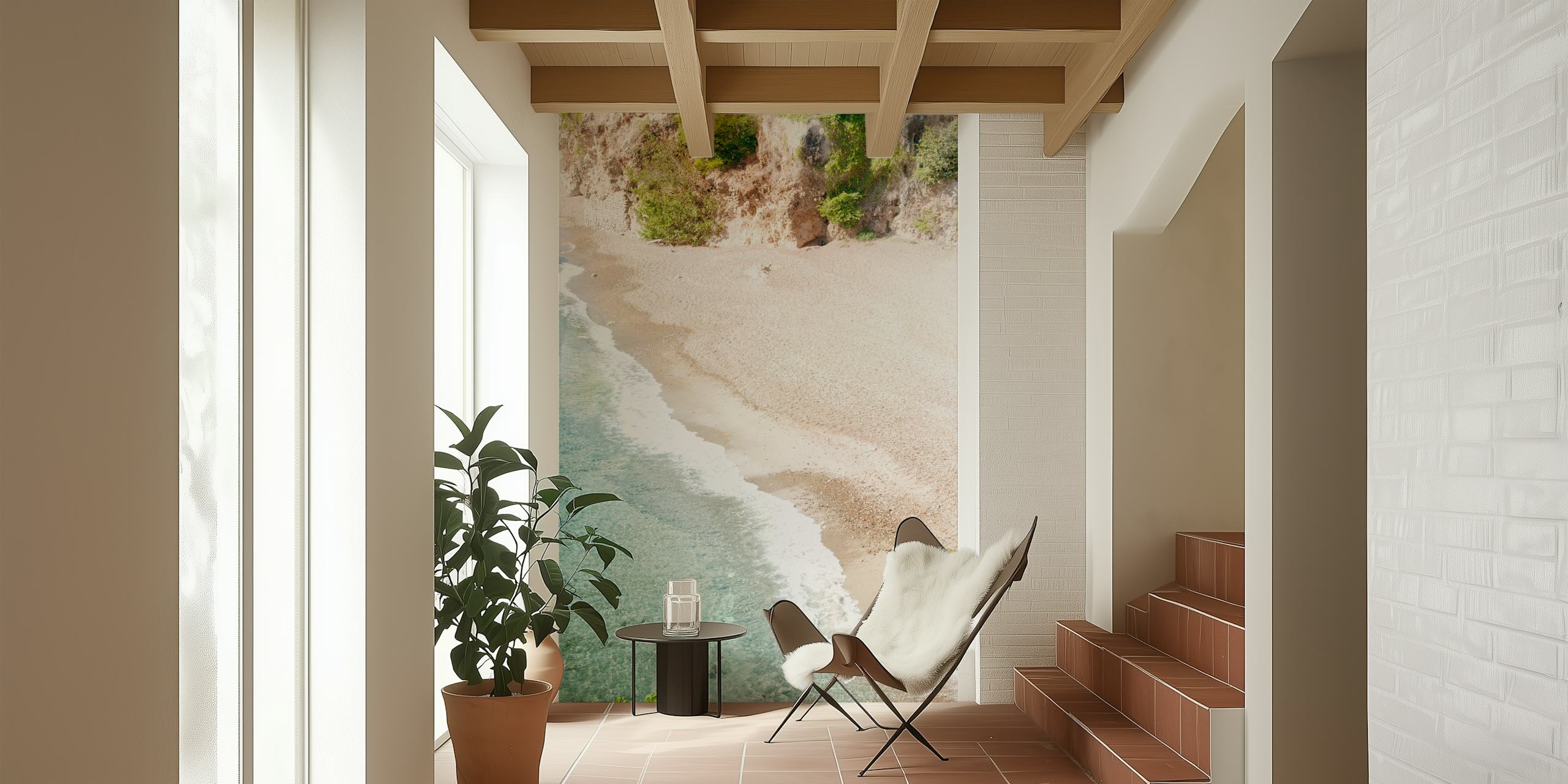 Serene ocean beach wall mural with gentle waves and sandy shore