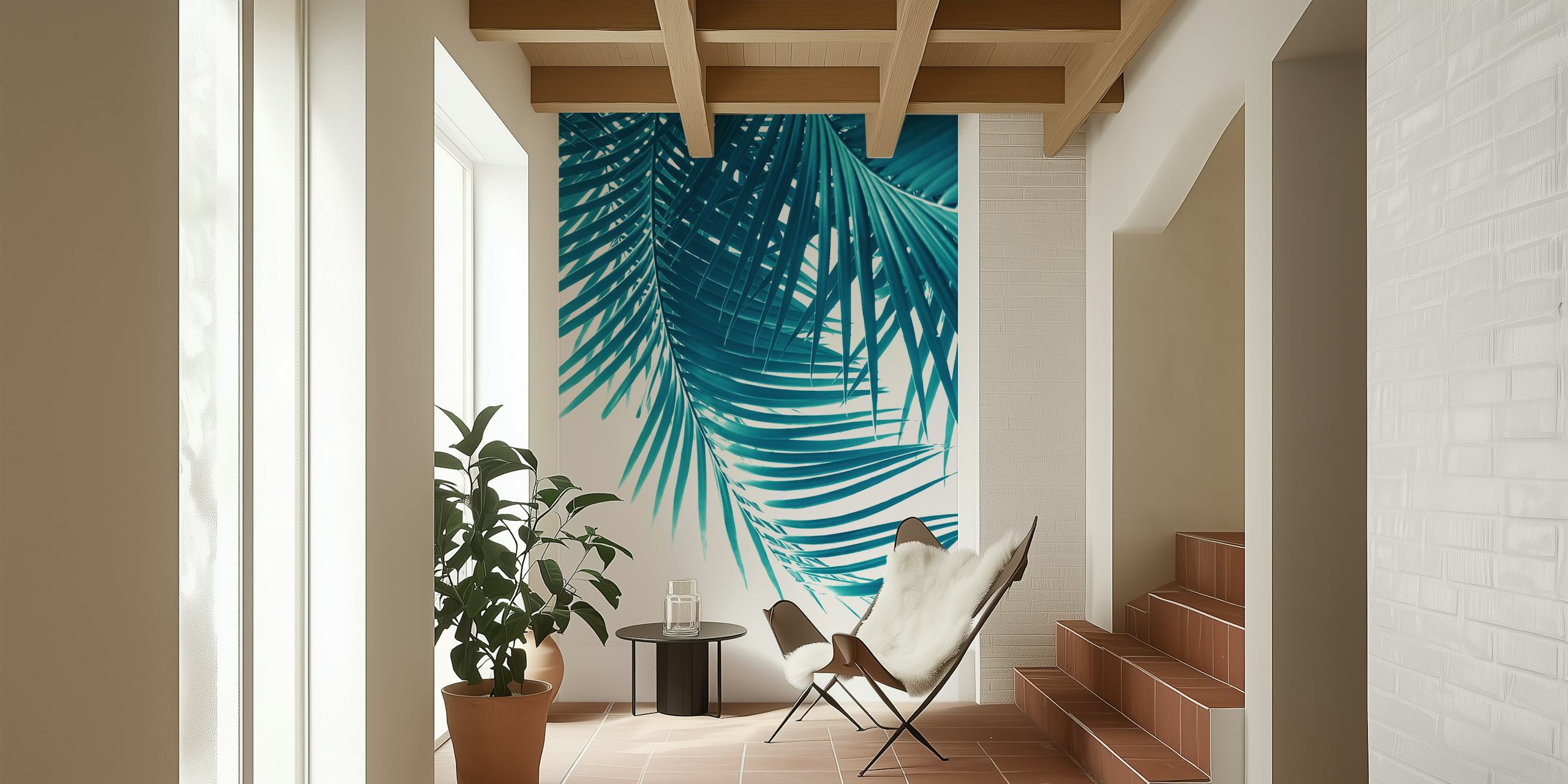 Teal Blue Palm Leaves Wallpaper in a Room