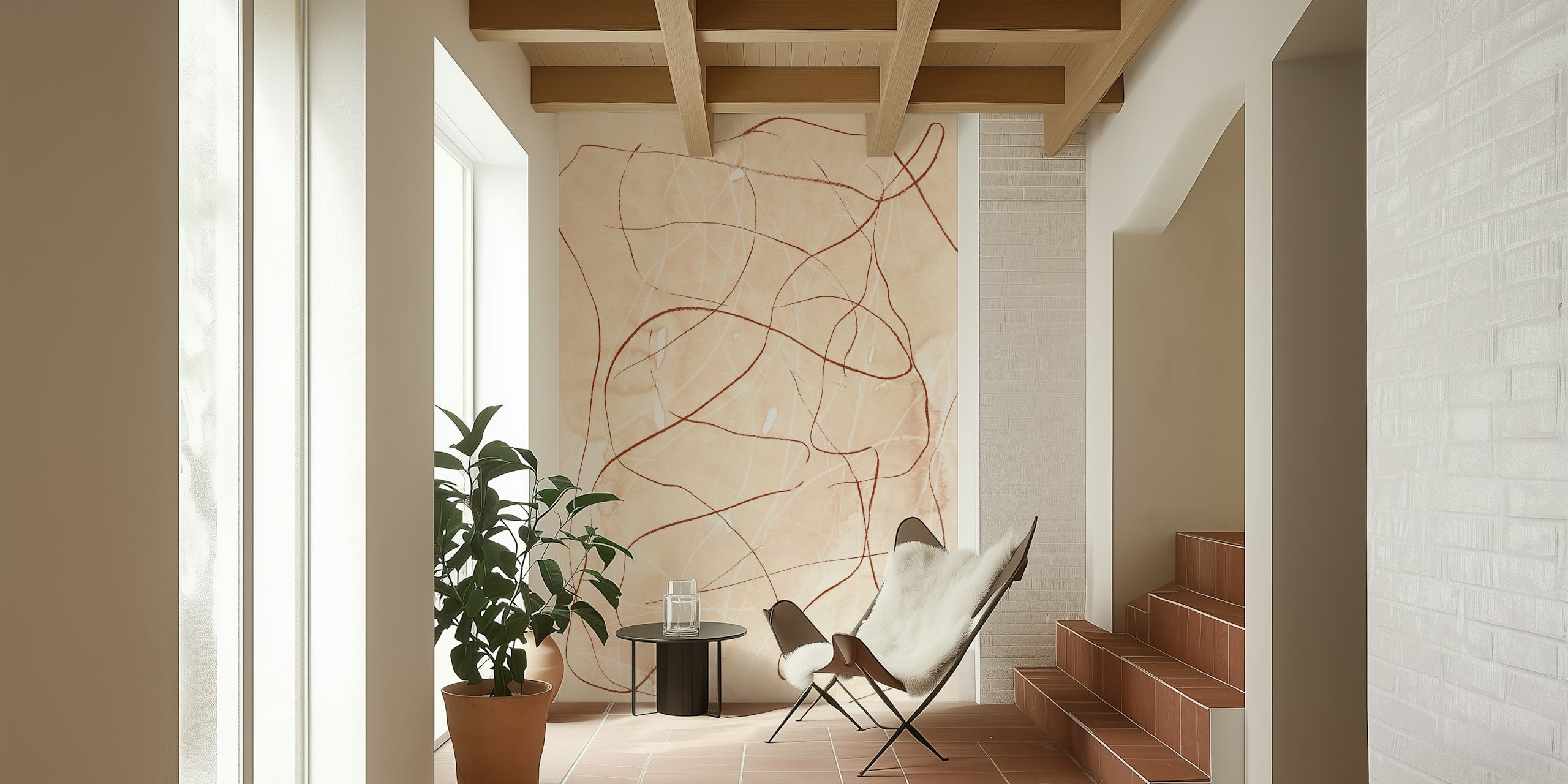 Abstract terracotta scribble design on beige wallpaper