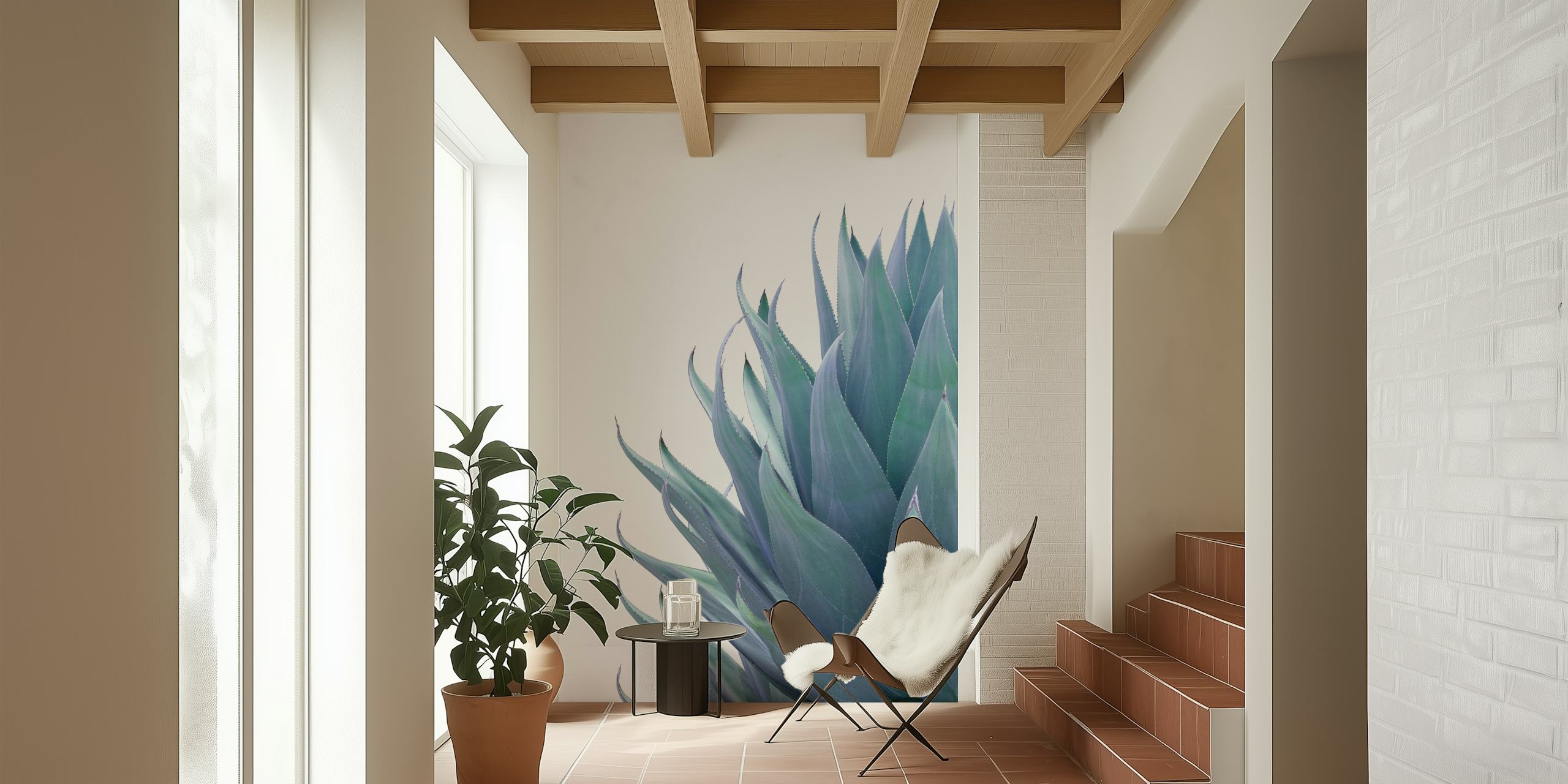 Carta da parati minimalista con pianta di agave dai toni blu-verdi