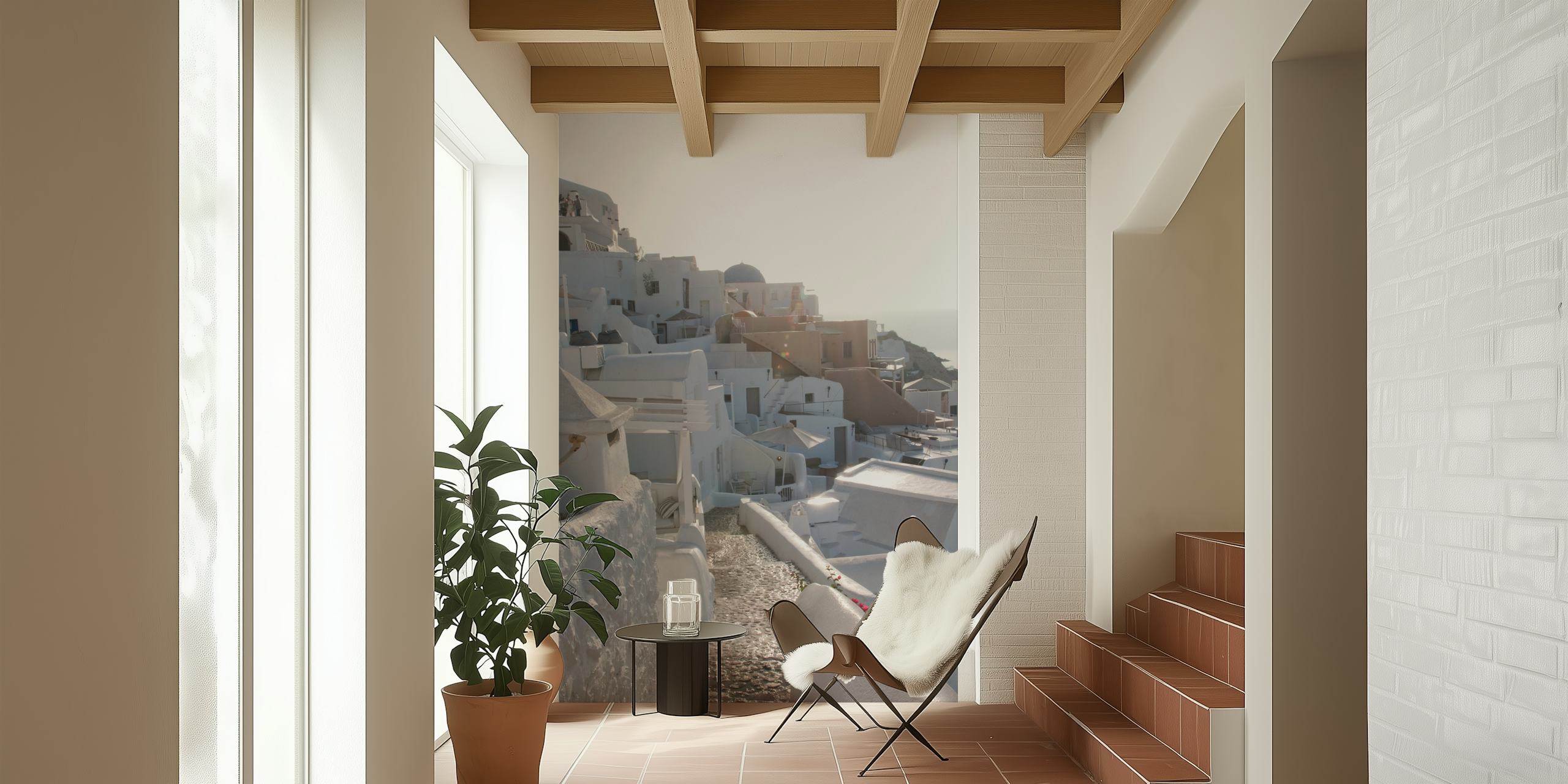 Whitewashed buildings, cobblestone streets, bright sunlight wallpaper