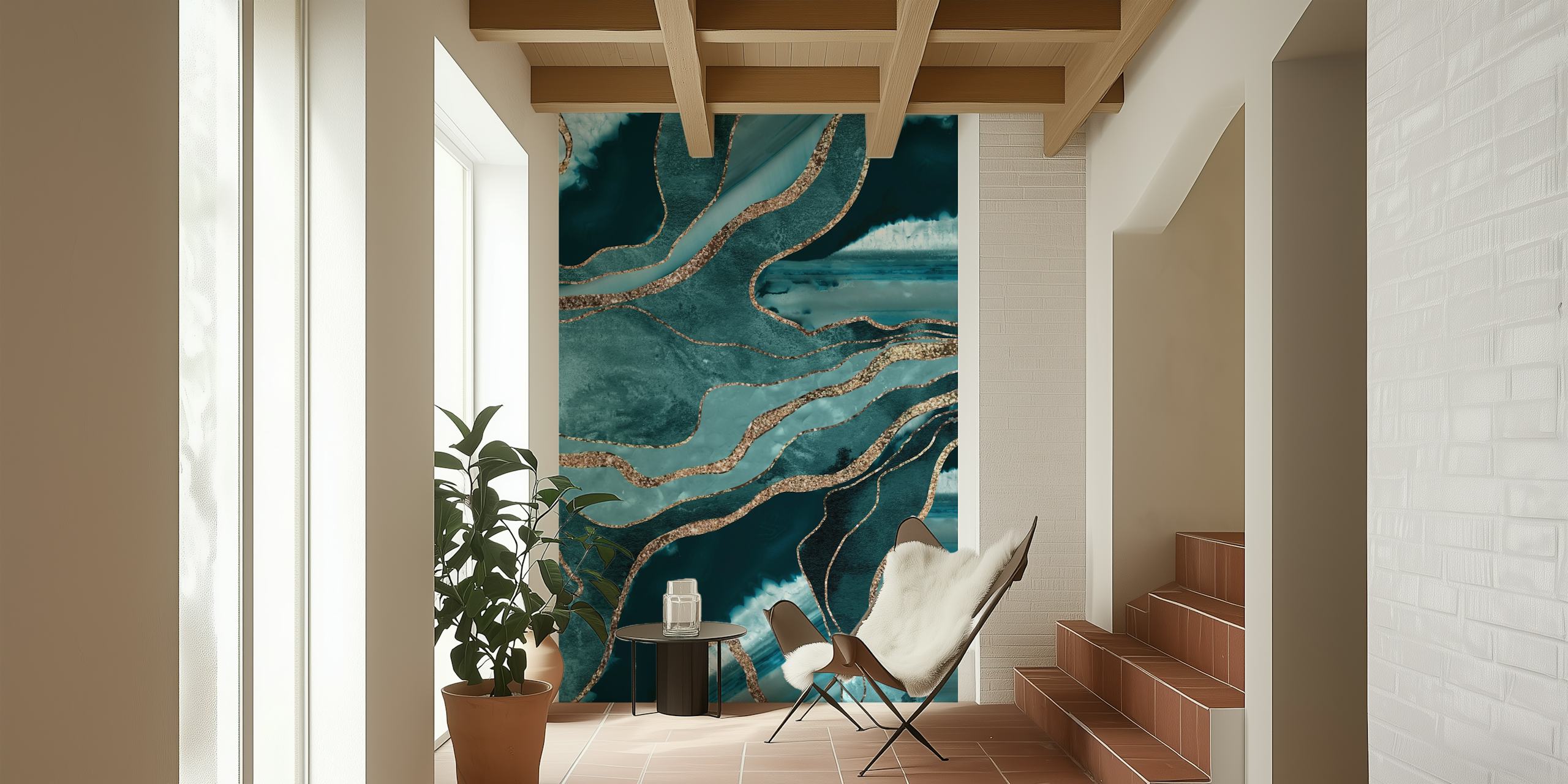 Tapeta Teal Blue Marble Agate Gold v pokoji